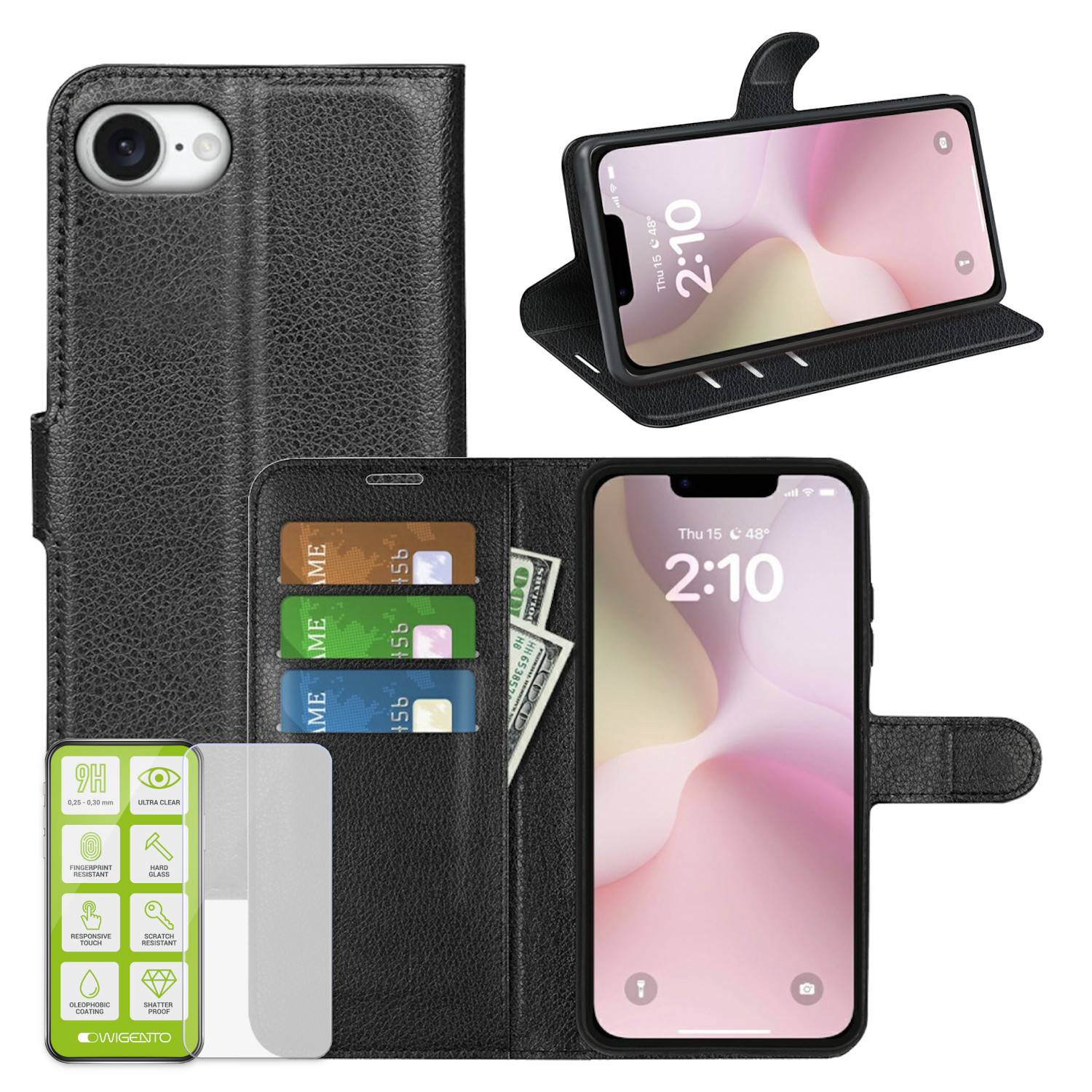 Für Apple iPhone 16e Kunstleder Book Wallet Handy Tasche Schwarz + 9H Hart Glas