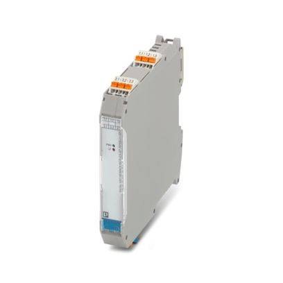 Ein schlankes, graues elektronisches Modul mit orangefarbenen Anschlüssen, wahrscheinlich eine Komponente für industrielle Automatisierung oder Steuerungssysteme.