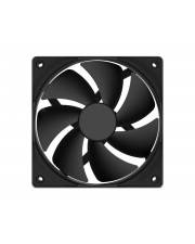 Ein schwarzer Computer-Kühlungslüfter mit fünf Blättern in einem quadratischen Rahmen, von vorne betrachtet.