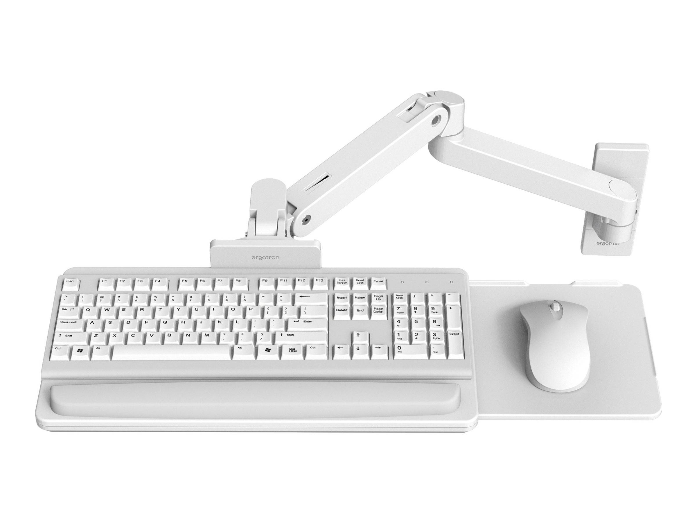 Eine verstellbare Tastaturablage mit Maushalterung, die an einem schreibtischmontierten Arm befestigt ist und eine anpassbare Positionierung für ergonomischen Komfort ermöglicht.