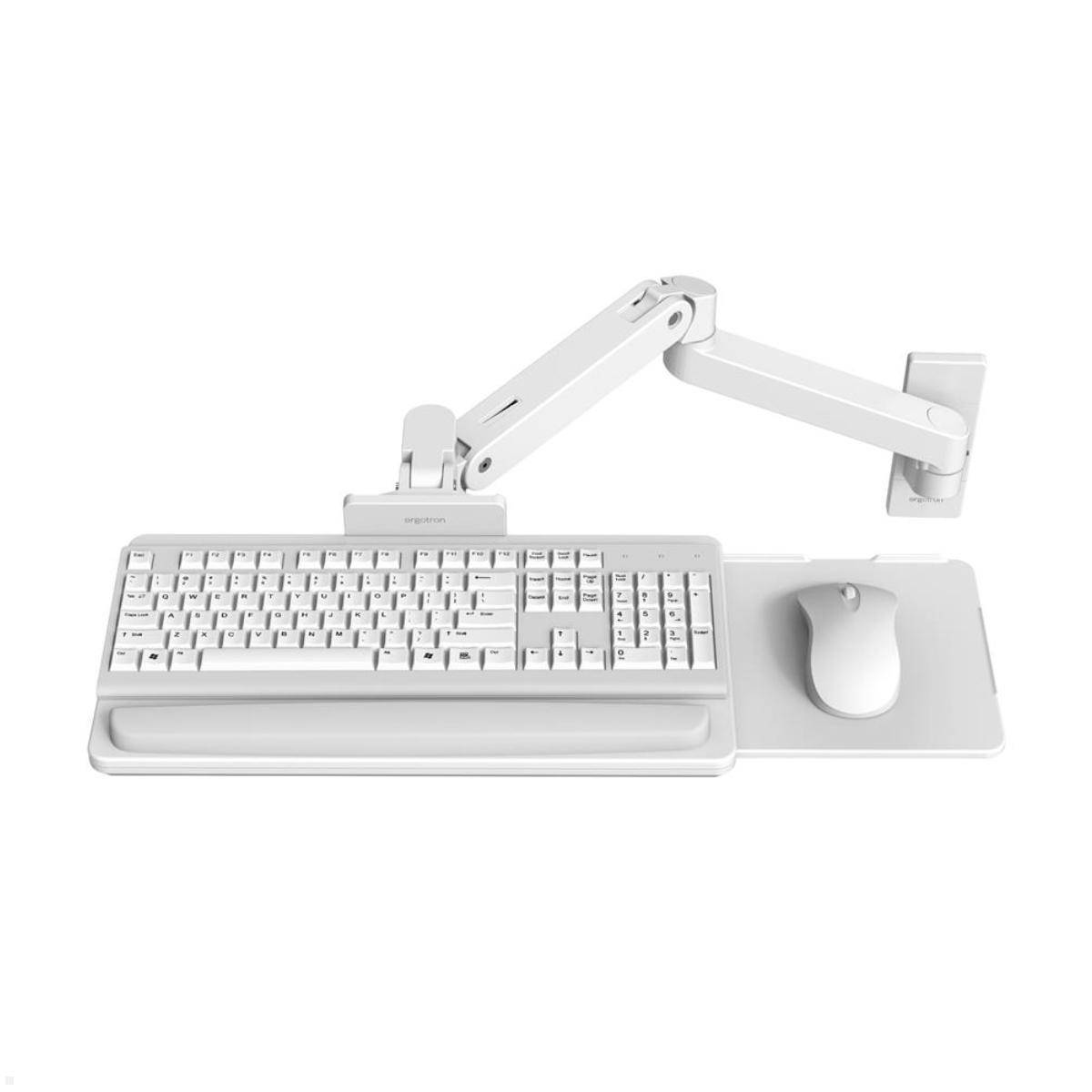 Weiße ergonomische Tastatur mit integriertem Mousepad und verstellbarem Gelenkarm, der auf der rechten Seite montiert ist, auf weißem Hintergrund dargestellt.