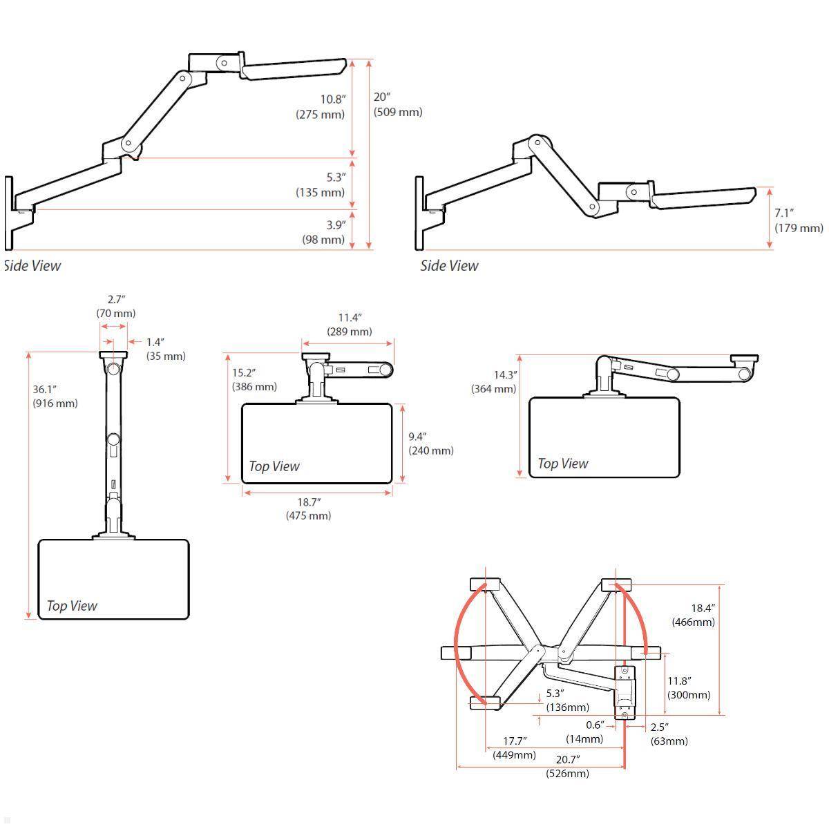 Technisches Diagramm eines verstellbaren Monitorarms mit Seiten- und Draufsichten, das Reichweite, Höhe und Montagemaße in Zoll und Millimetern zeigt.