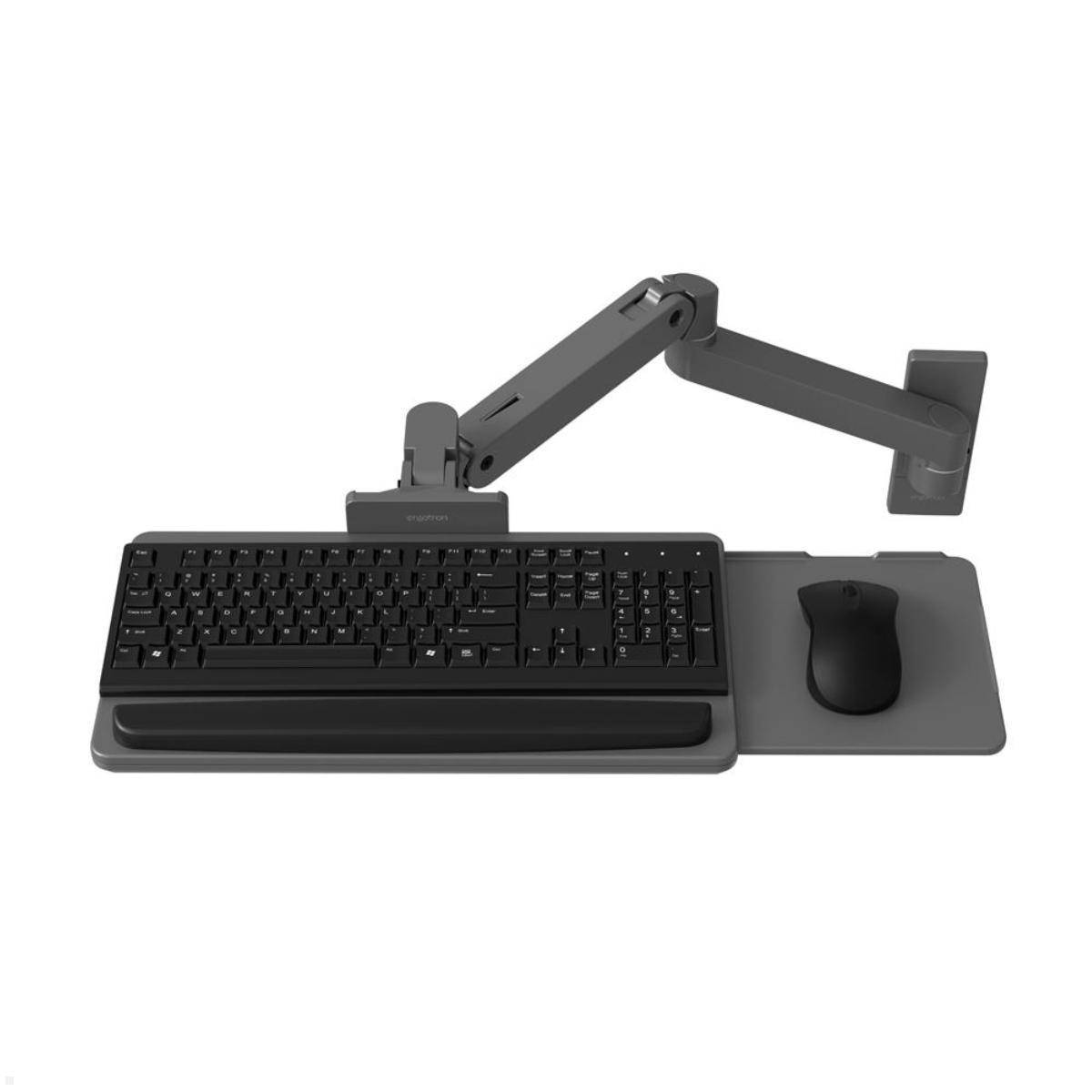 Höhenverstellbares wandmontiertes Tastatur- und Mausfach mit artikulierendem Monitorarm für ergonomische Computeraufstellung.