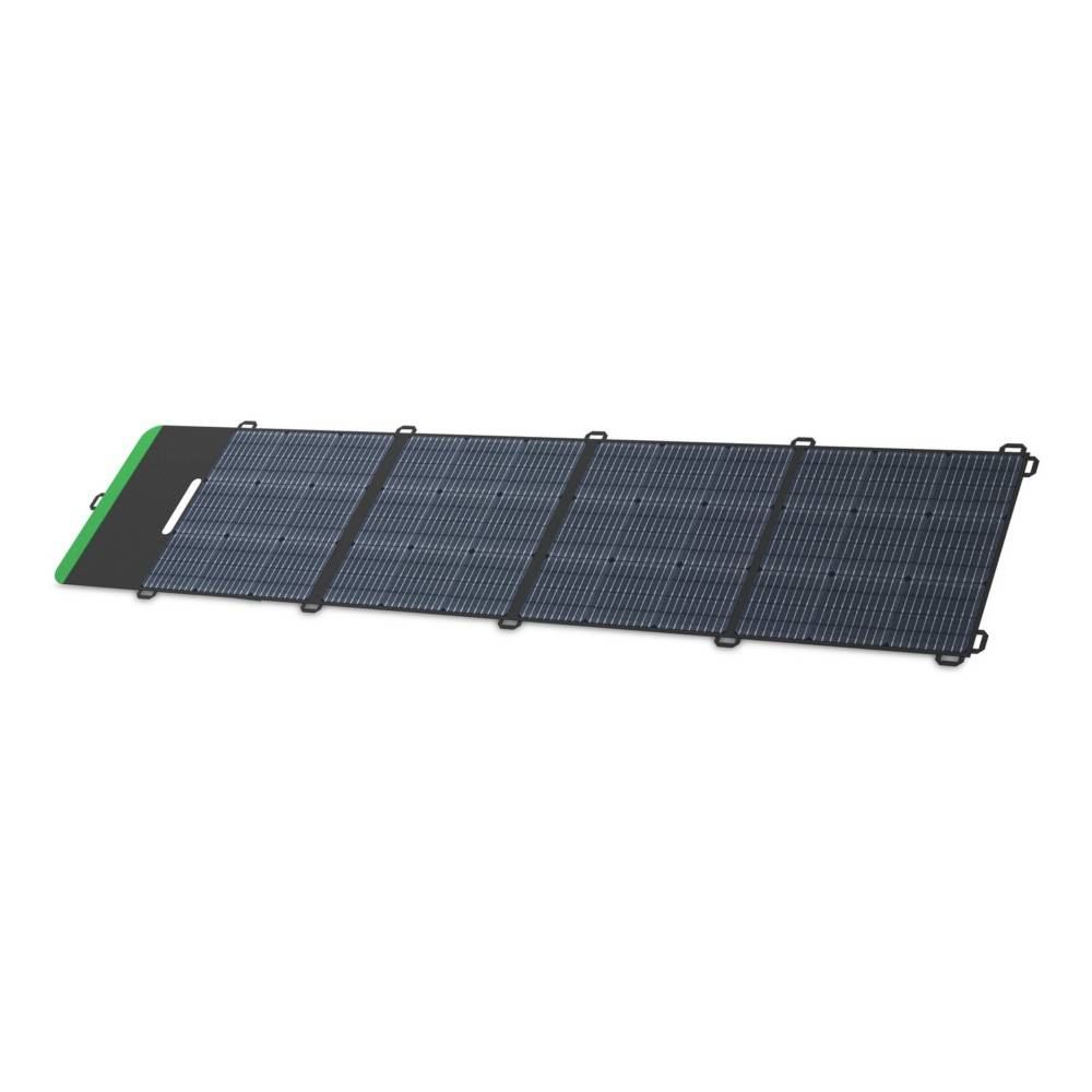 Ein faltbares Solarpanel mit vier schwarzen Abschnitten und einem grünen Rand, das für mobile Energielösungen verwendet wird.