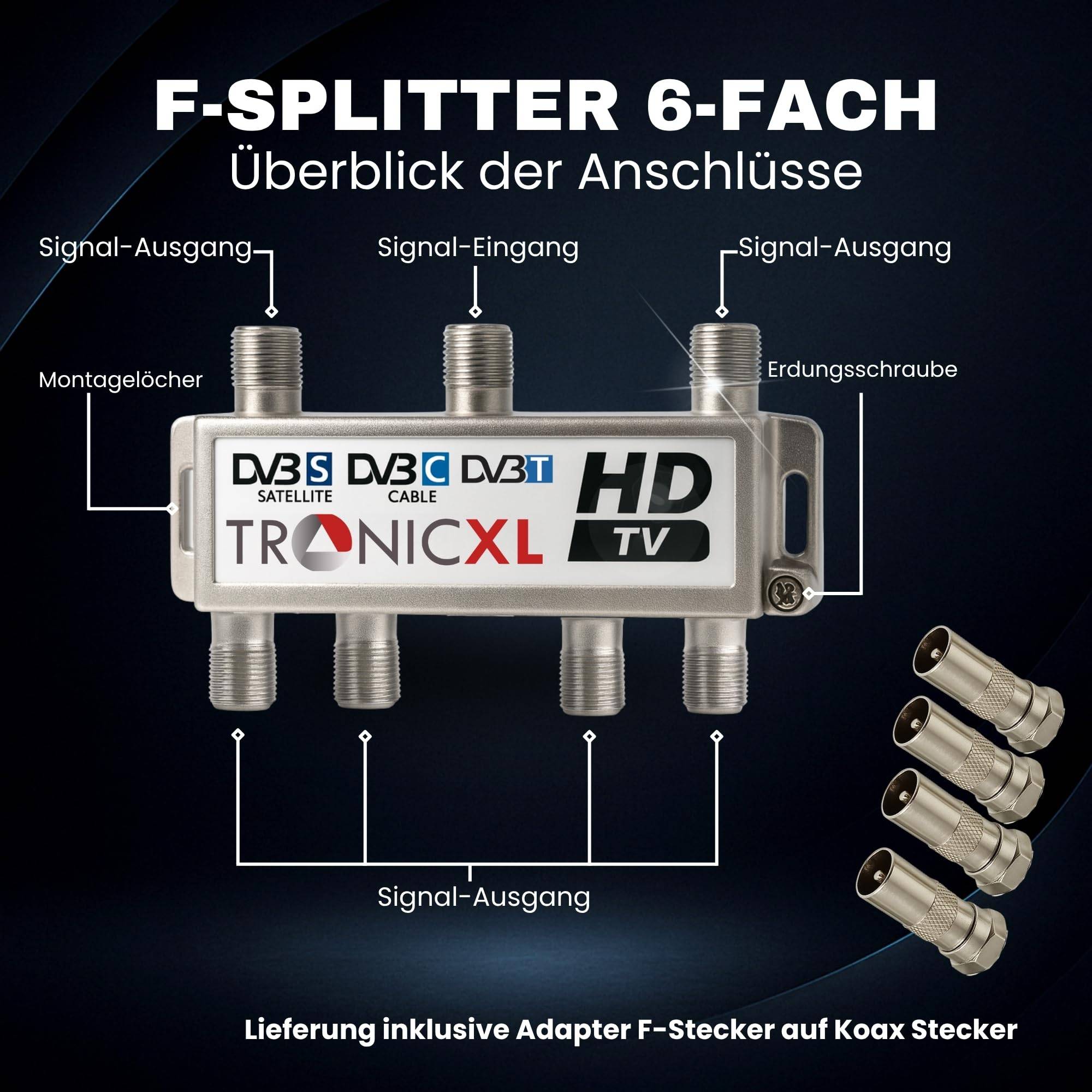 TronicXL 6fach BK Verteiler Premium TV Kabel Antennenverteiler Kabelfernsehen DVB-C Signalverteiler Anschluss Zubehör