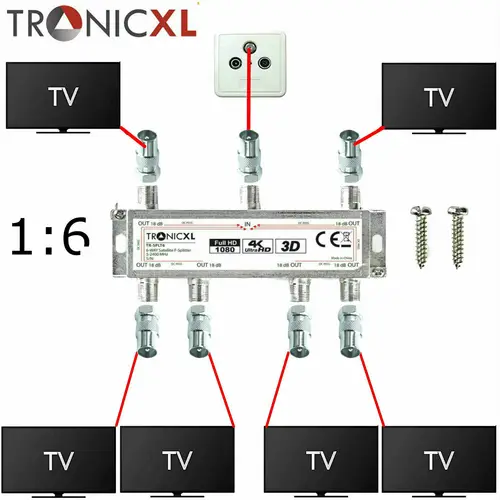 TronicXL 6fach BK Verteiler Premium TV Kabel Antennenverteiler Kabelfernsehen DVB-C Signalverteiler Anschluss Zubehör TronicXL 6fach BK Verteiler Premium TV Kabel Antennenverteiler Kabelfernsehen DVB-C Signalverteiler Anschluss Zubehör