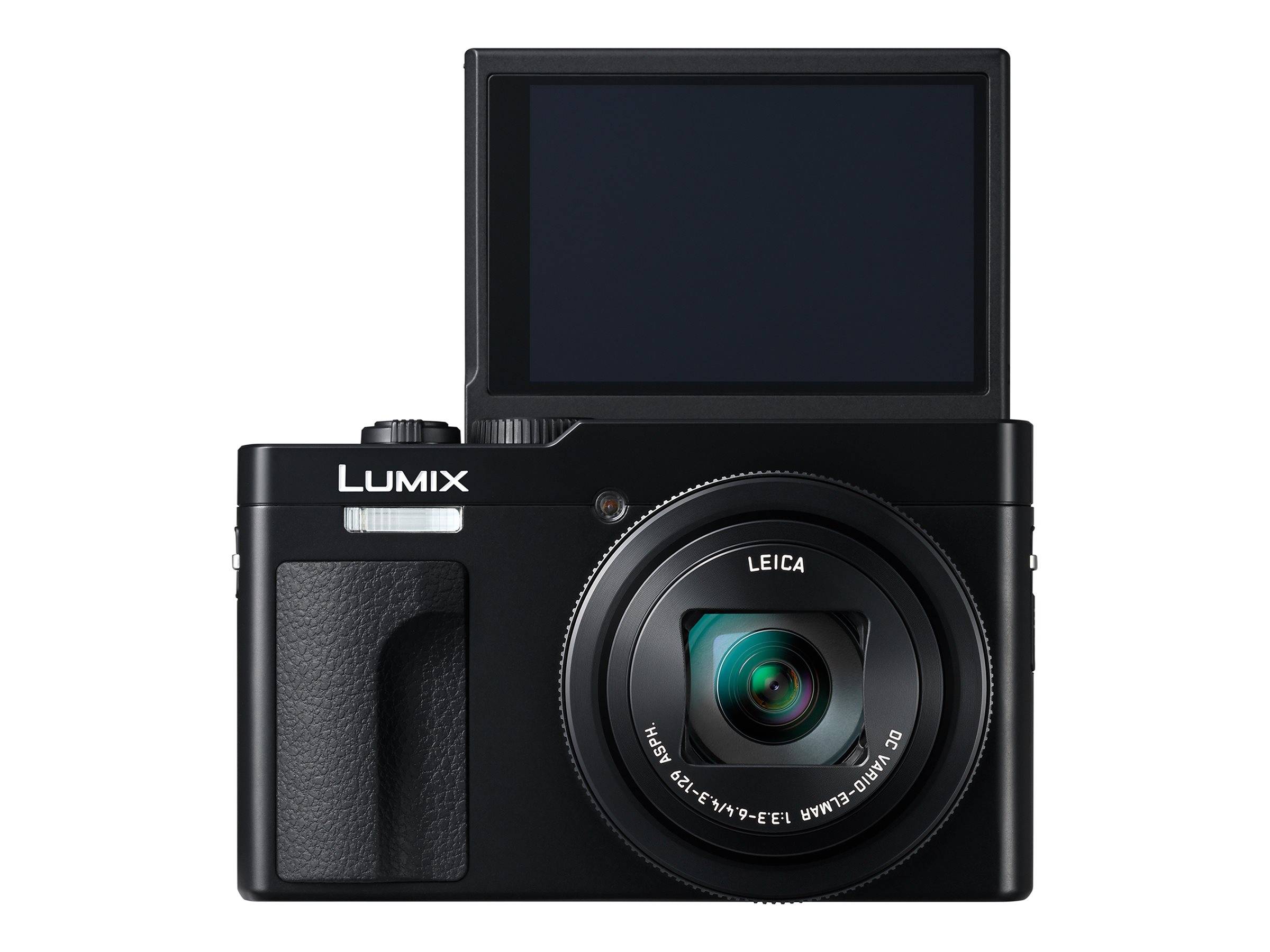 Eine schwarze Lumix-Kamera mit Leica-Objektiv und klappbarem Display.