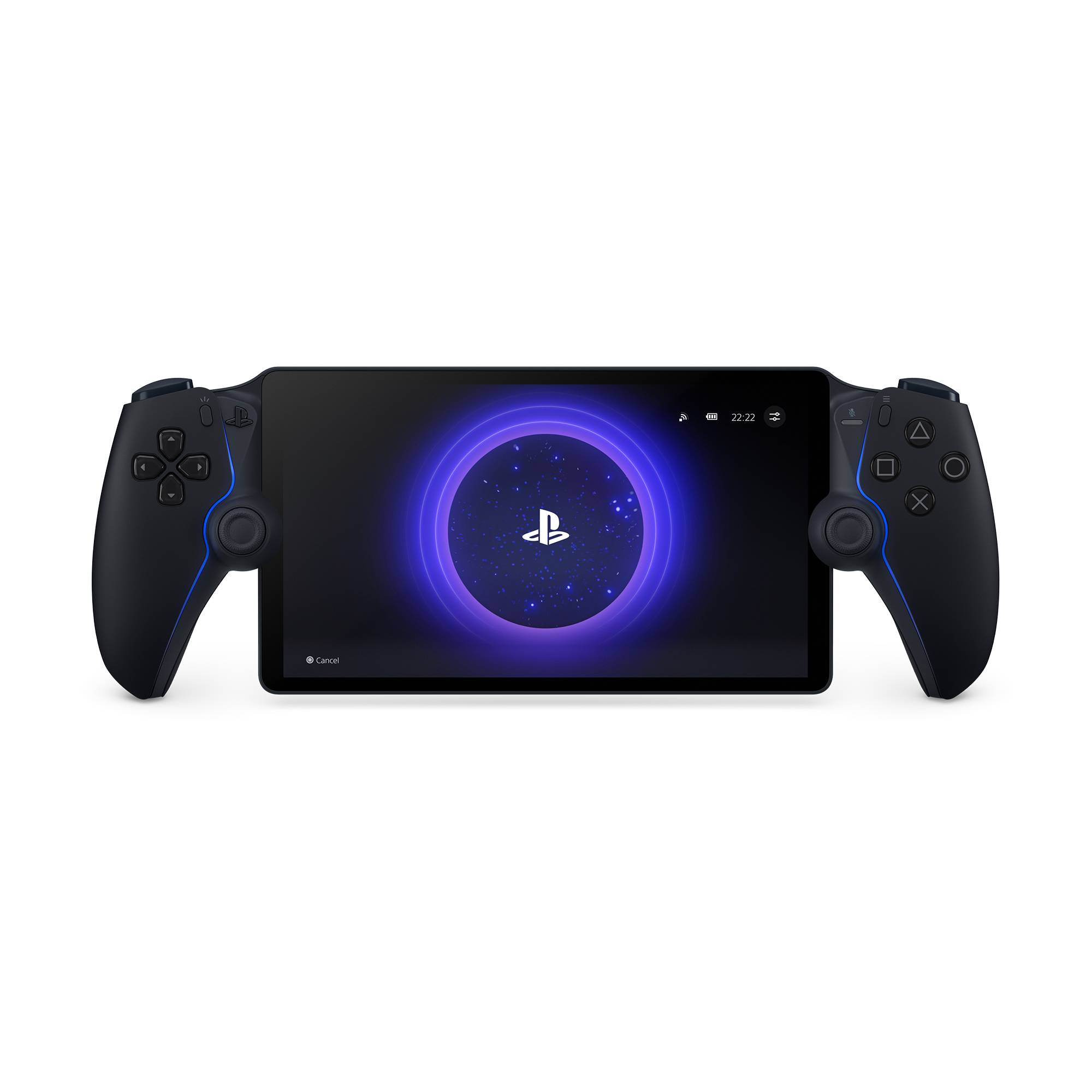 Ein tragbares Spielgerät mit einem Bildschirm, auf dem das PlayStation-Logo in einem leuchtenden Kreis angezeigt wird. Das Gerät verfügt über Bedienelemente auf beiden Seiten.