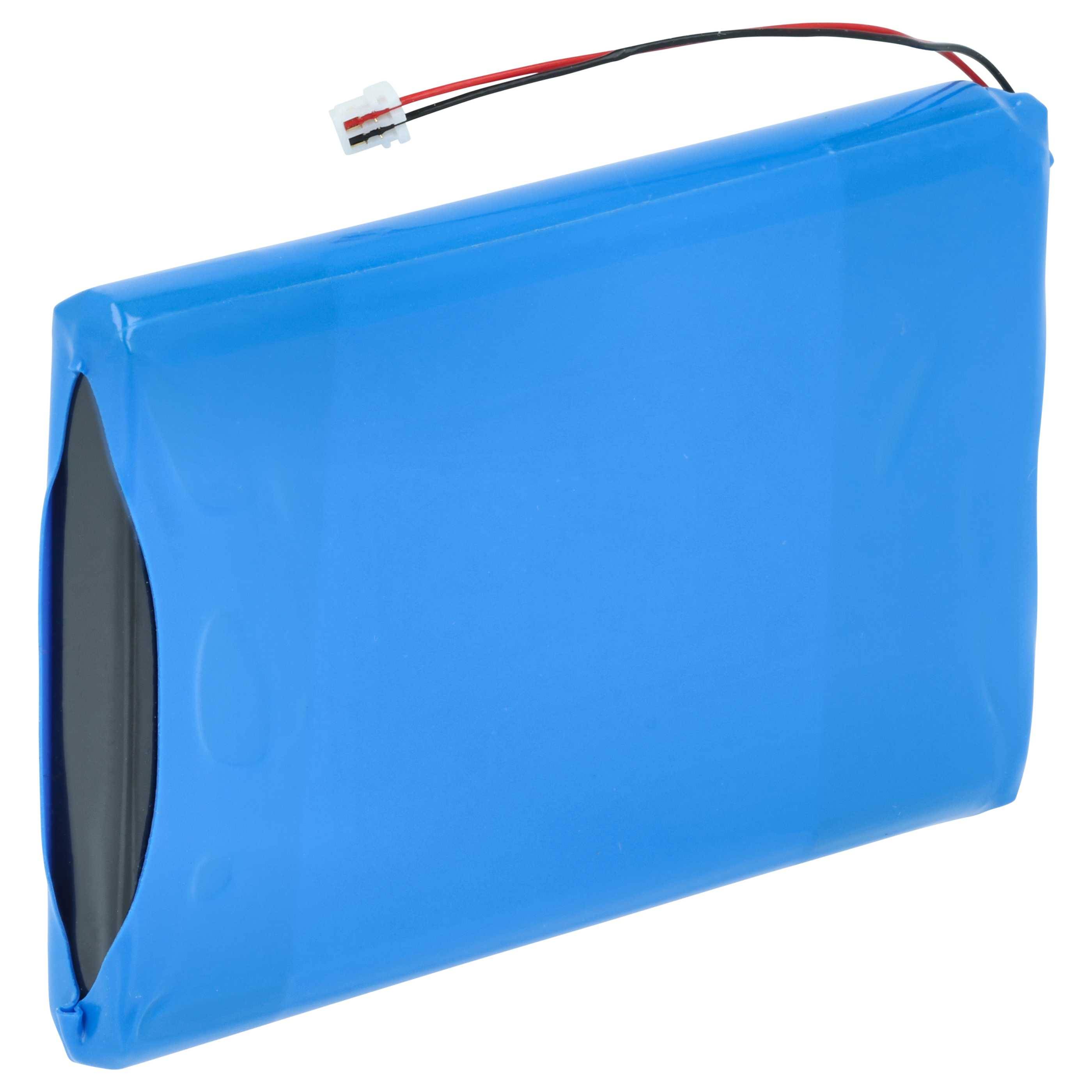 Eine rechteckige blaue Batterie mit einem schwarzen und roten Kabel, das an einen Anschluss angeschlossen ist, die zur Stromversorgung elektronischer Geräte verwendet wird.