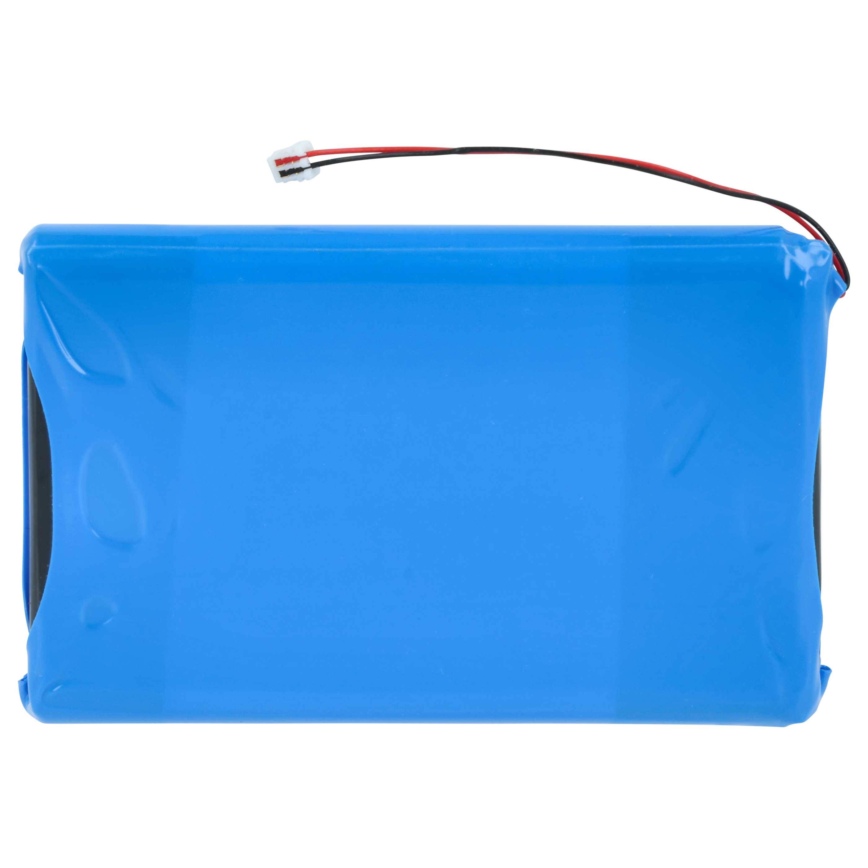 Ein blauer rechteckiger Akkupack mit roten und schwarzen Kabeln, die an einem Ende angeschlossen sind und darauf hindeuten, dass er für die Verbindung bereit ist.