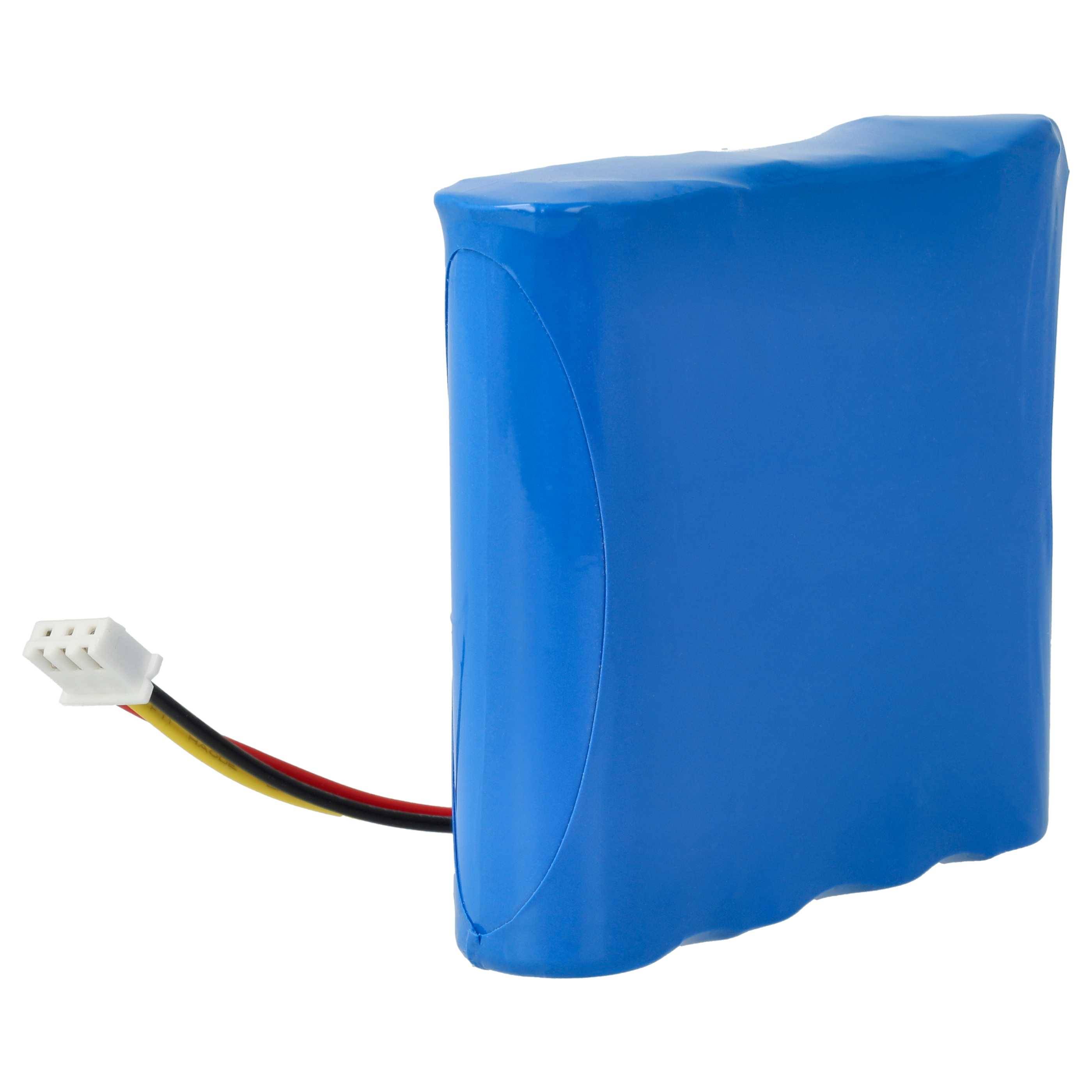 Ein blauer, rechteckiger Lithium-Ionen-Akkupack mit einem weißen Stecker und drei farbigen Drähten, die von seiner Seite abgehen.