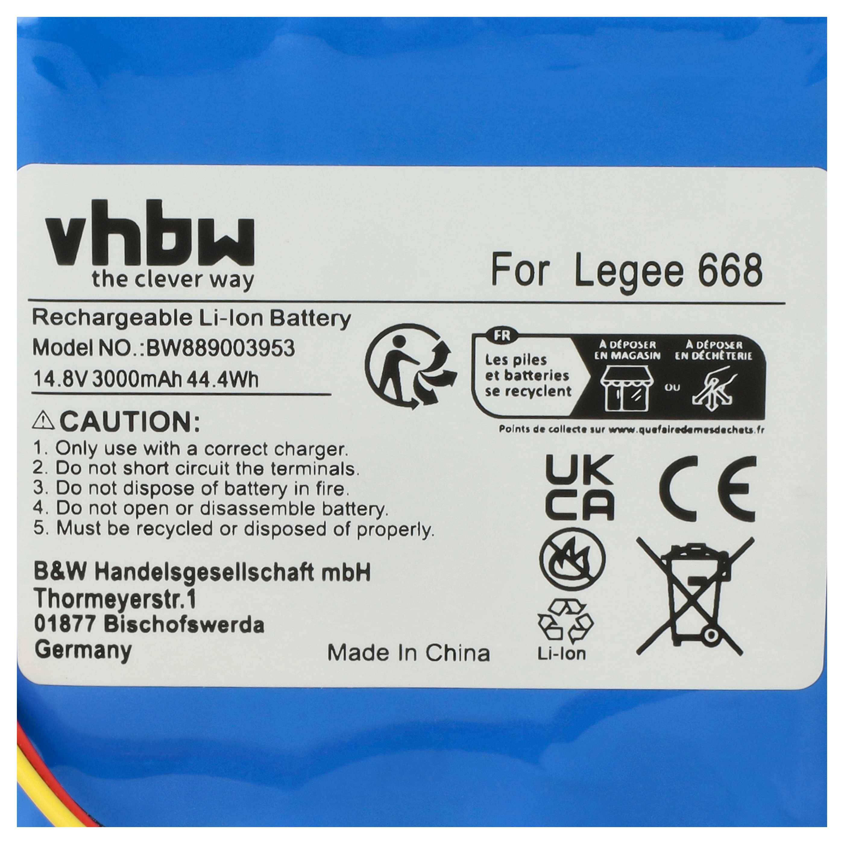 vhbw Li-Ion Akku für Legee 668, 14,8V 3000mAh 44,4Wh. Modell: BW888903953. Vorsicht: Korrektes Ladegerät verwenden, nicht verbrennen, nicht zerlegen oder ins Feuer werfen.