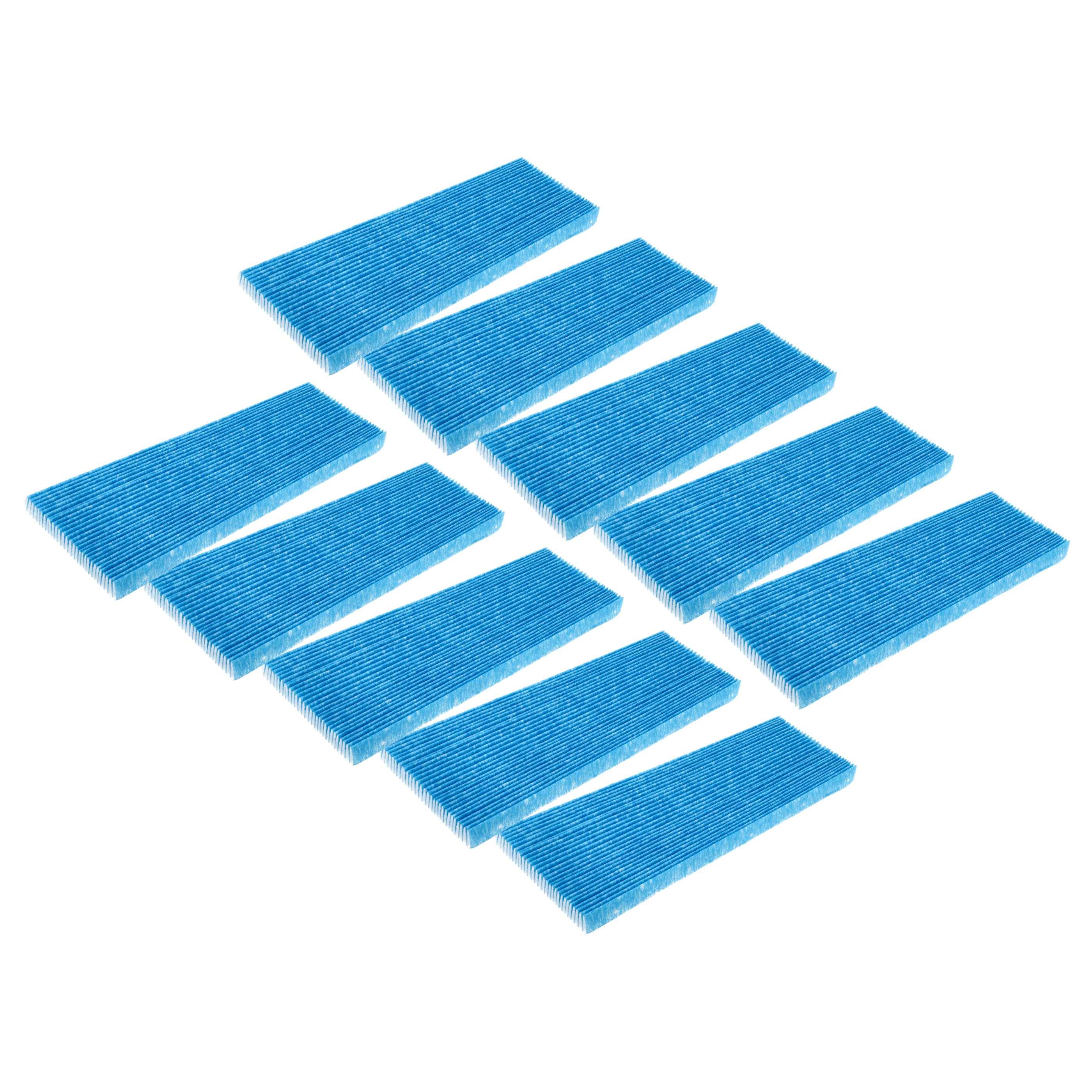 Neun blaue rechteckige Filterpads diagonal auf weißem Hintergrund angeordnet.