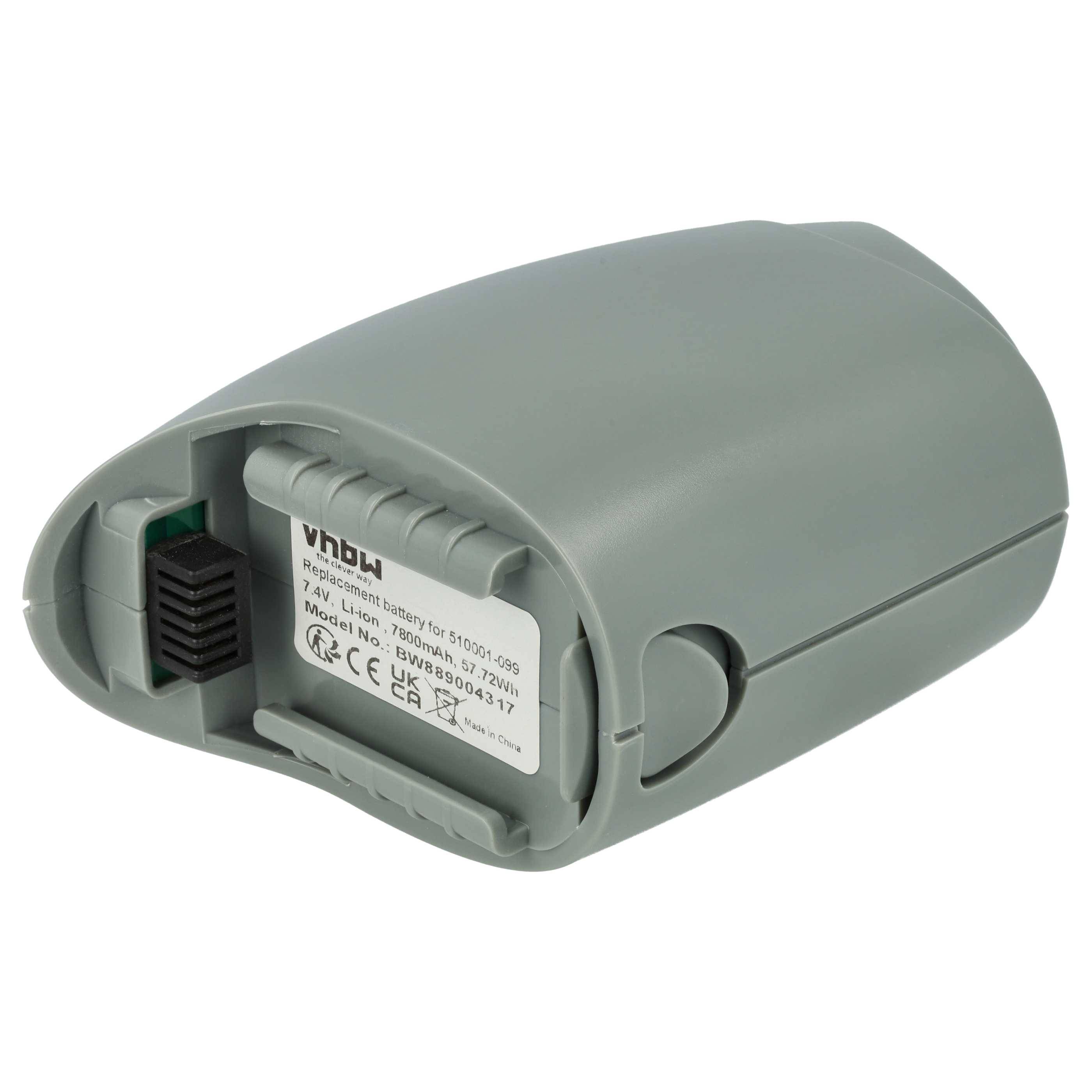 Graue wiederaufladbare Batterie mit sichtbarem Etikett und Anschlussklemme am vorderen Ende.