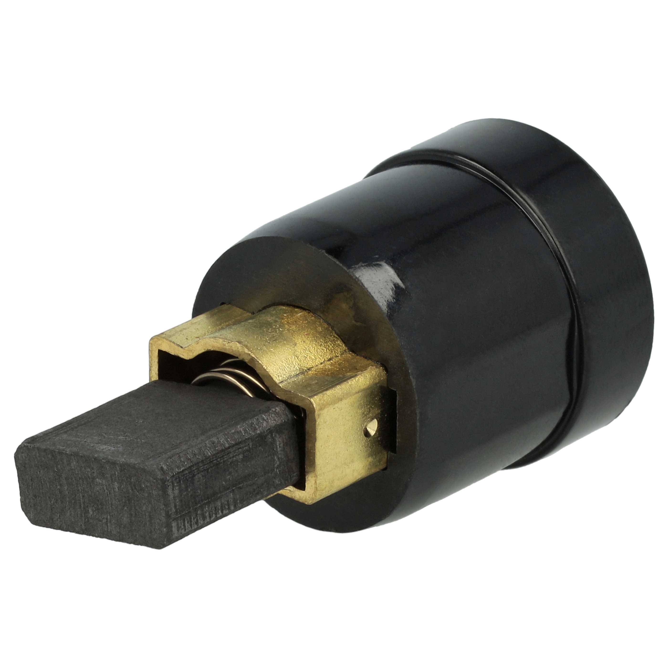 Eine zylindrische, schwarze Kohlebürste mit einem Metallstecker und einer freiliegenden Spiralfeder. Die Bürste ist für Elektromotoren konzipiert.