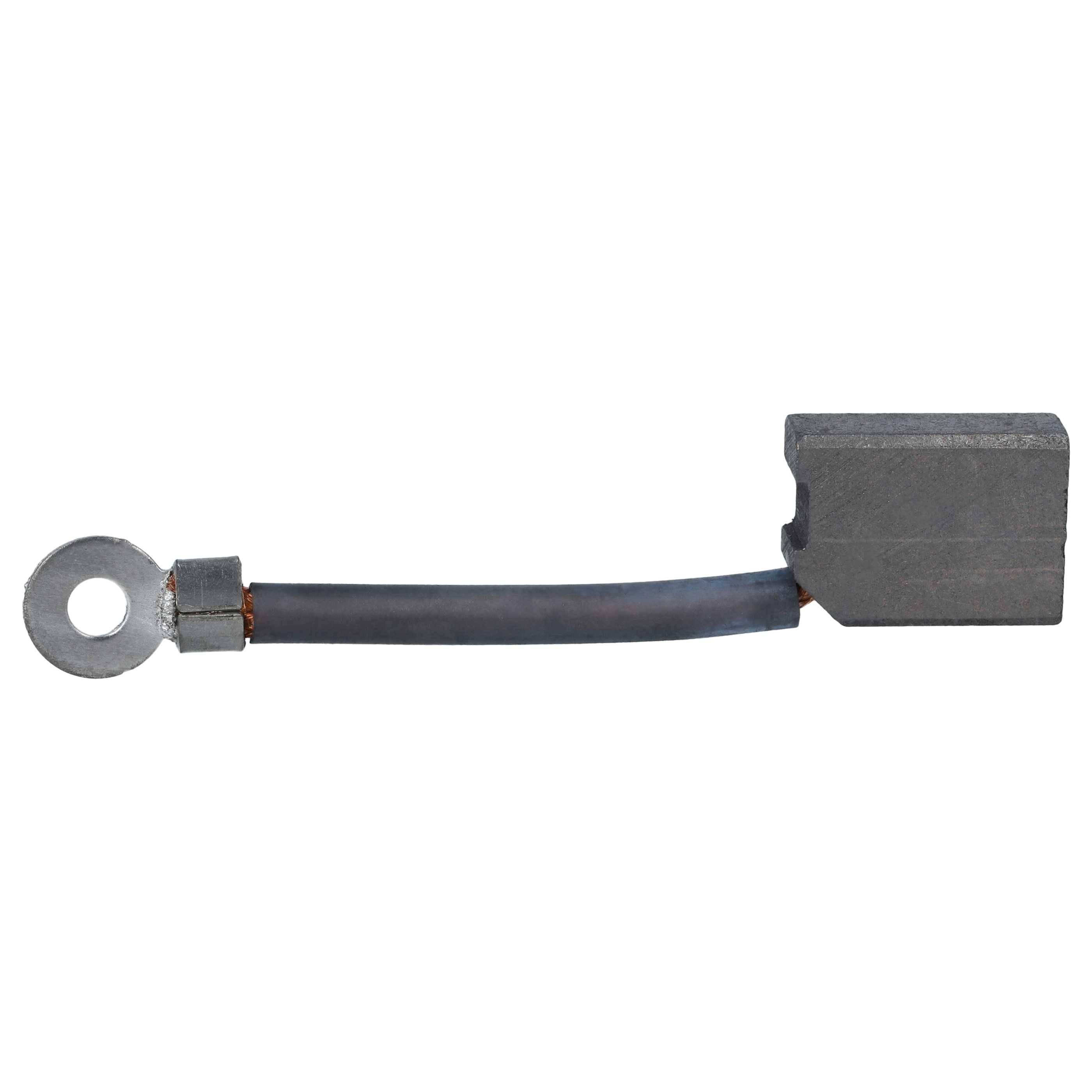 Kohlebürste mit Metallklemme und schwarzem Kabel, die in Elektromotoren zur Leitfähigkeit und zur Verschleißreduzierung verwendet wird.
