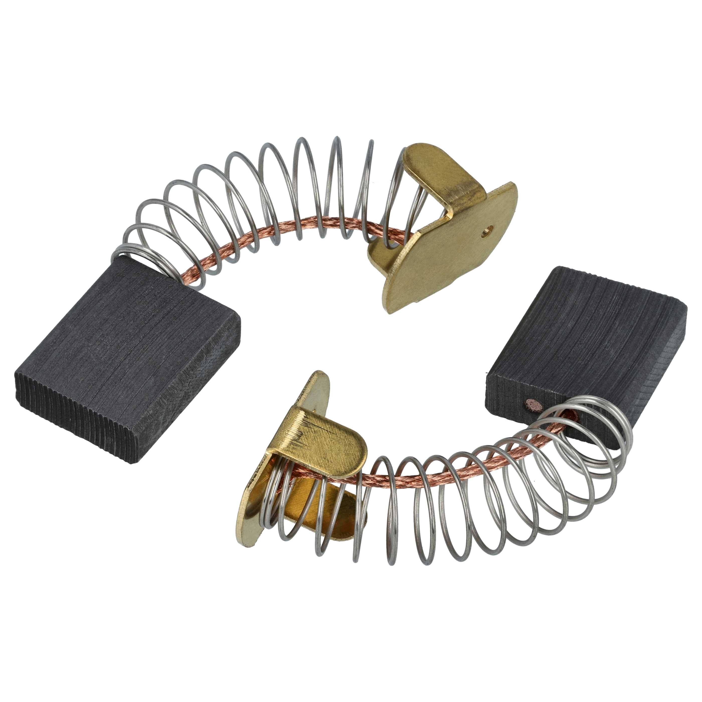 Zwei Kohlebürsten für Motoren mit angebrachten Metallfedern und Anschlüssen, die zum Leiten von Strom in Motoren verwendet werden.