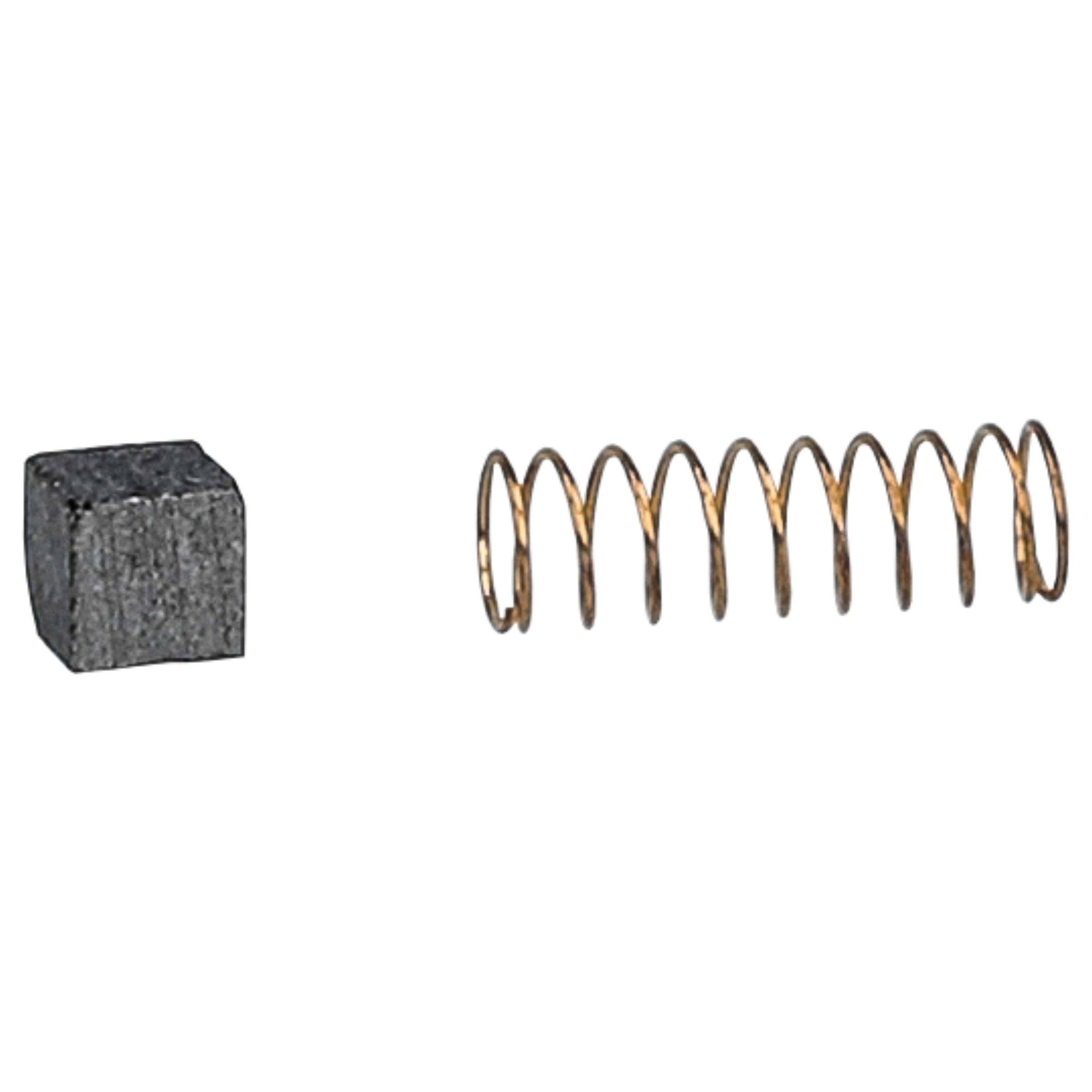 Ein Kohlebürste und eine aufgewickelte Metallfeder, die in Elektromotoren zur Stromleitung und Spannungsbereitstellung verwendet werden.