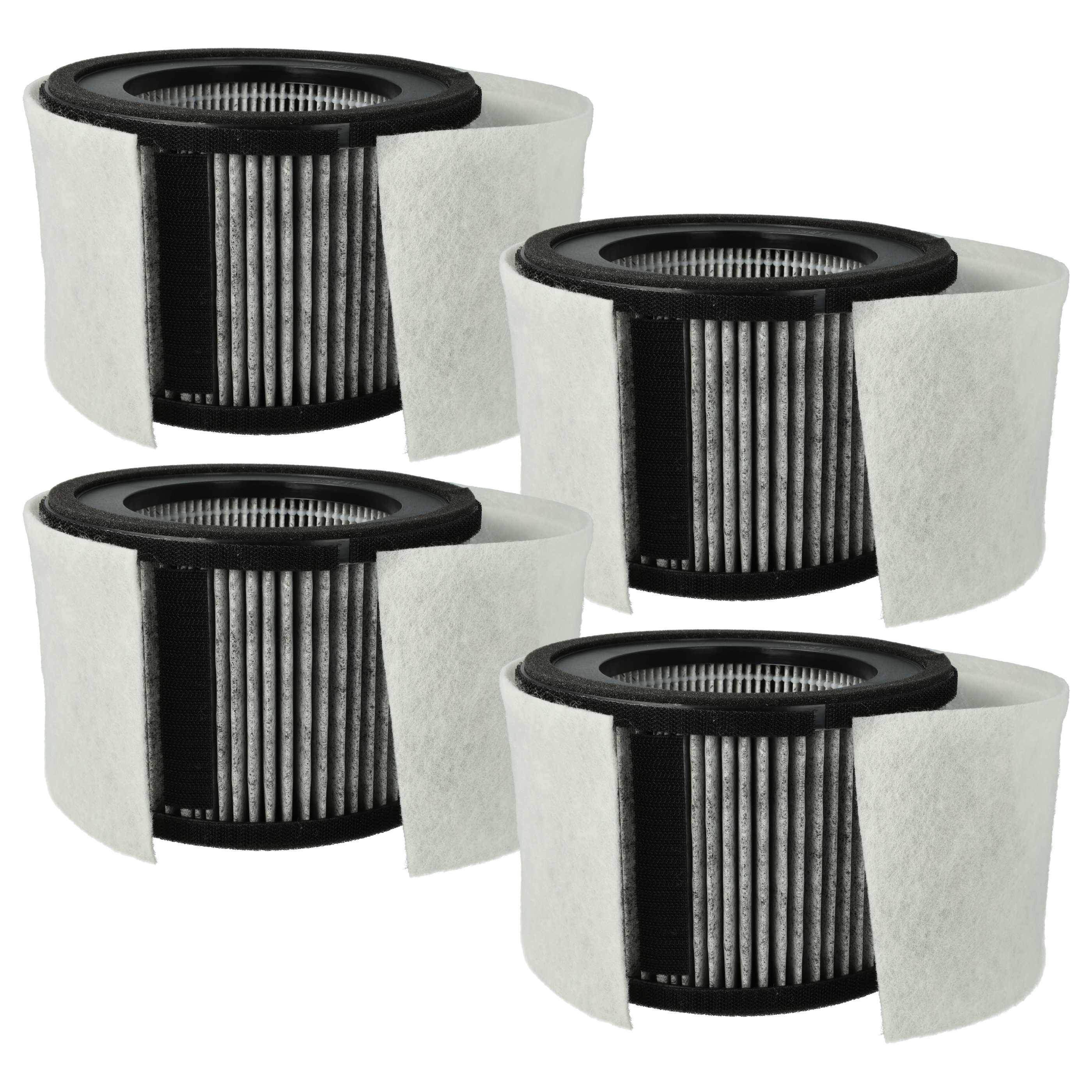 Vier zylindrische Luftfilter mit weißen Außenbeschichtungen und sichtbarem Plissee-Material, in zwei Reihen angeordnet, was auf Einsatzbereitschaft hindeutet.