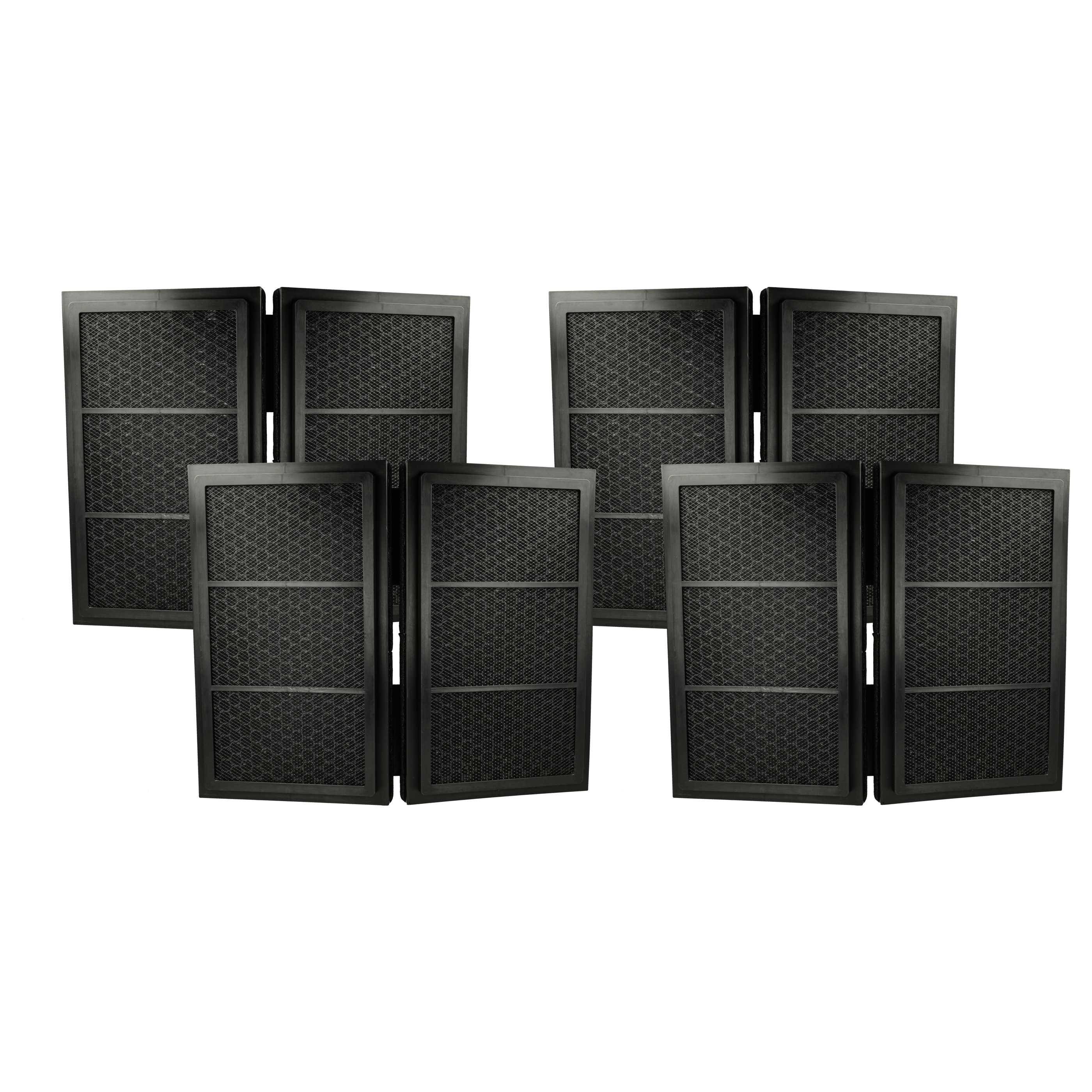 Acht schwarze rechteckige Luftfilter mit Wabenmustern, angeordnet in zwei Reihen auf weißem Hintergrund.