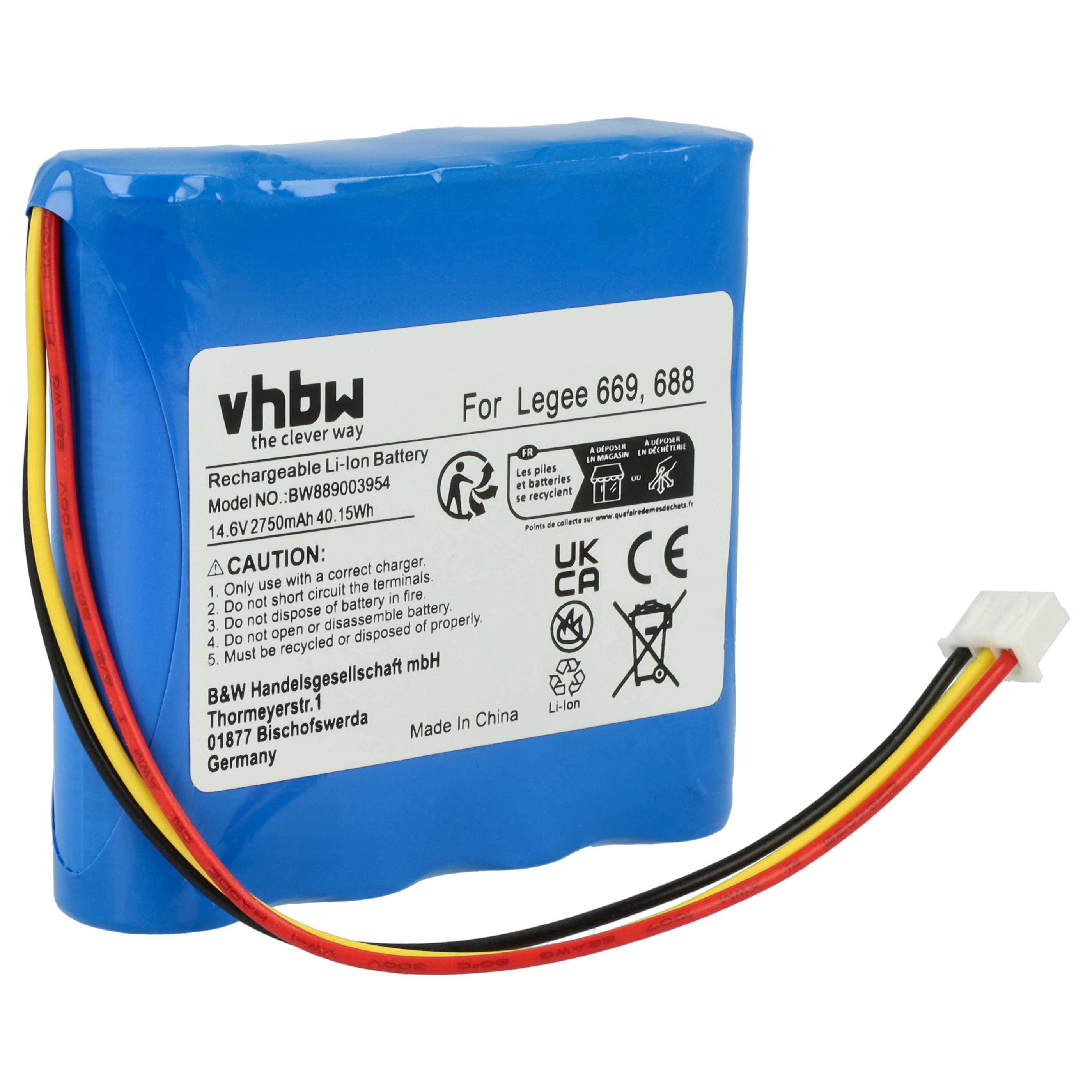 Eine blaue Lithium-Ionen-Batterie mit angebrachten Drähten, die Sicherheitswarnungen, Gebrauchsanweisungen und Herstellerangaben in mehreren Sprachen anzeigt.