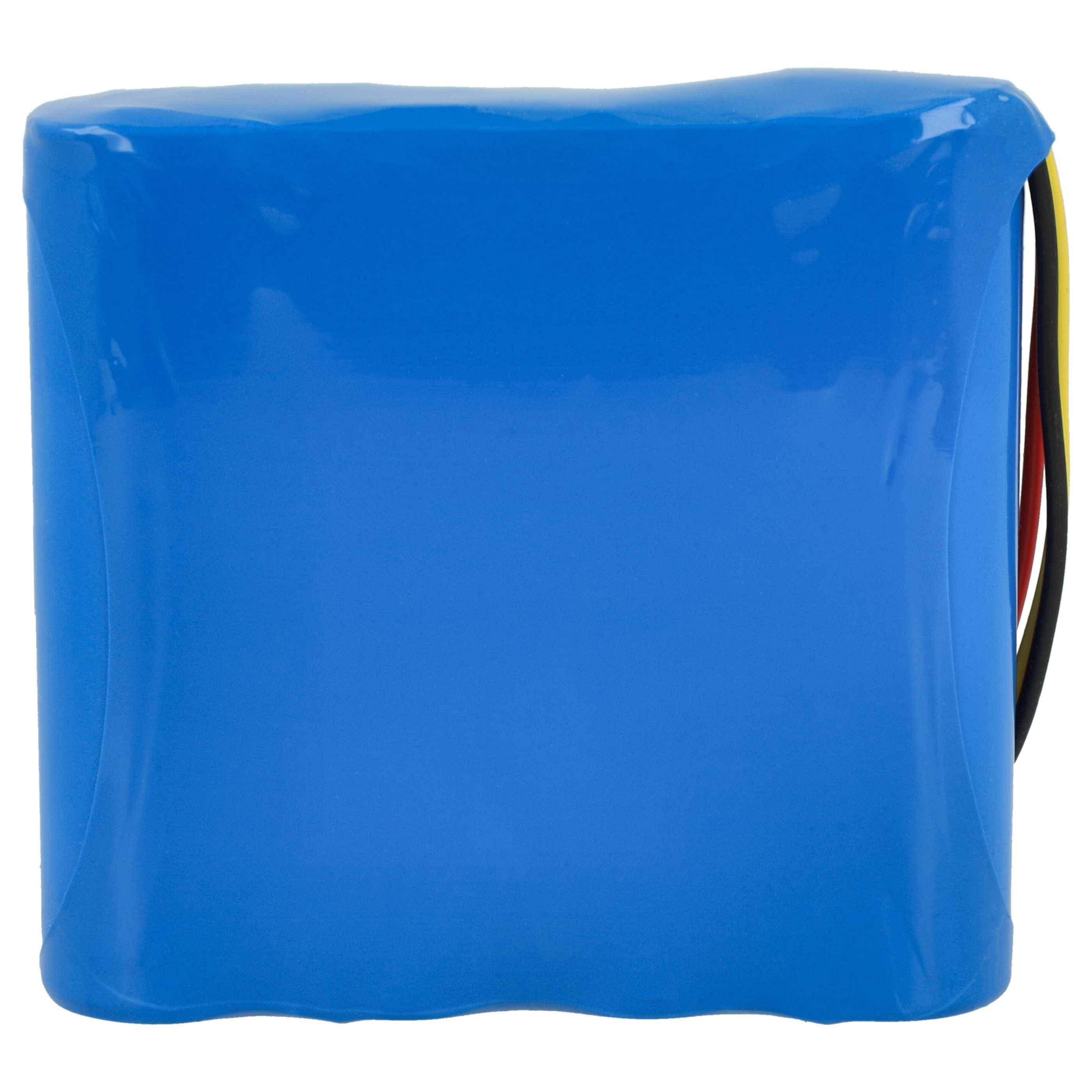 Ein blauer rechteckiger Akku-Pack mit sichtbaren roten, gelben und schwarzen Drähten, die aus der Seite herausragen.