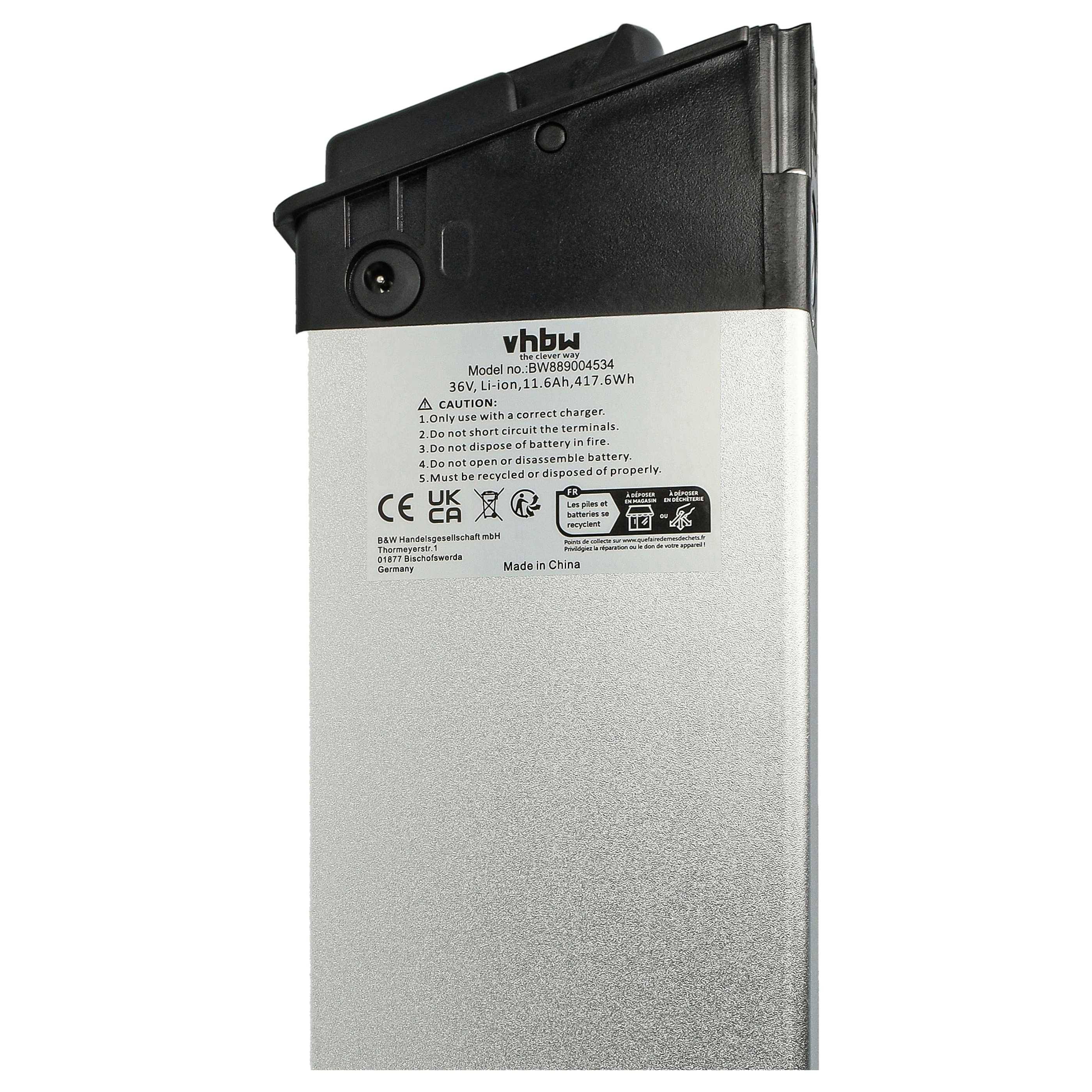 Ein Bild einer vhbw Lithium-Ionen-Batterie für E-Bikes, Modellnummer EBV60662354, mit Sicherheitswarnungen und Herstellungsdetails angezeigt.