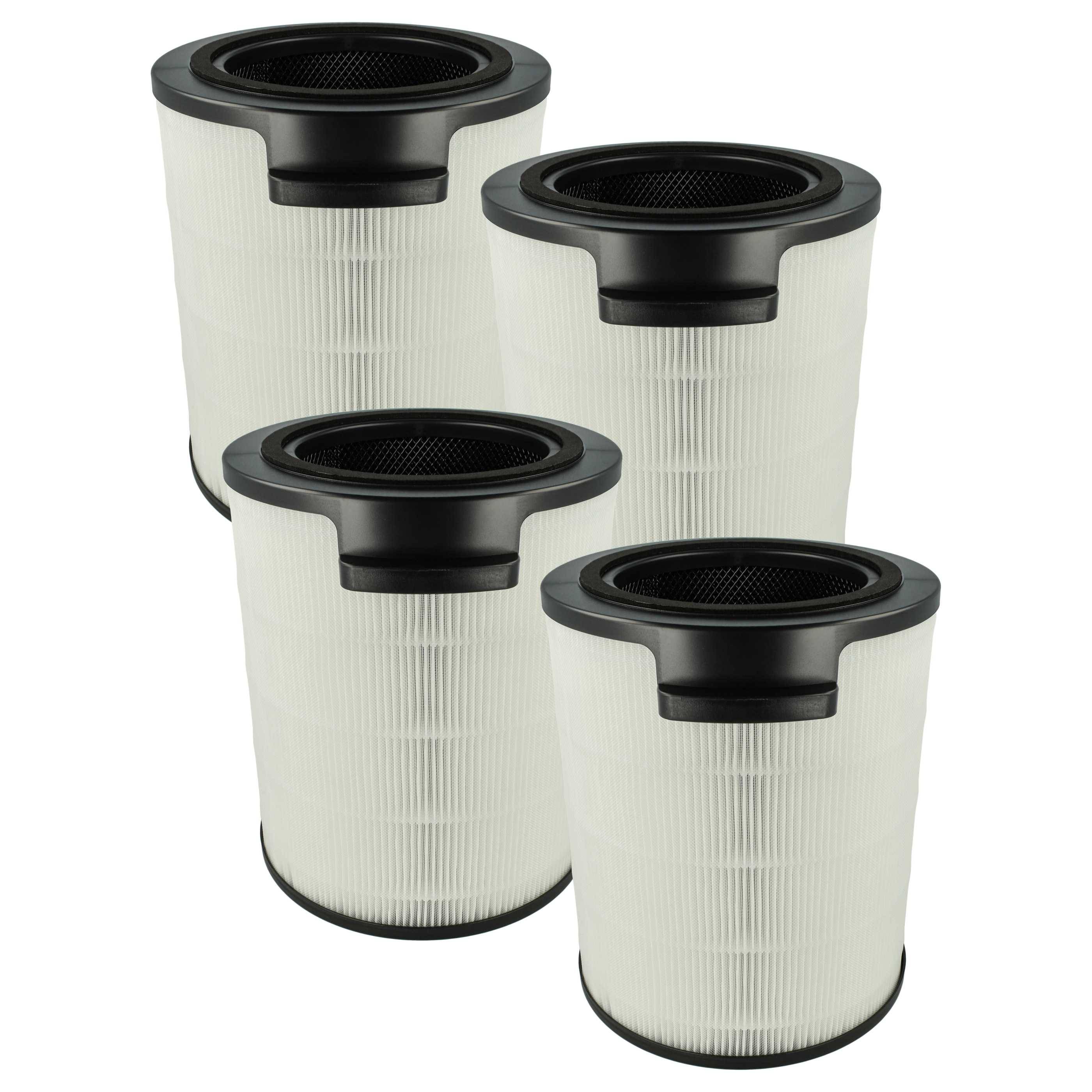 Vier weiße zylindrische Luftfilter mit schwarzen oberen und unteren Kanten, in einer leicht versetzten Formation gestapelt, was auf die Verwendung in der Luftreinigung hinweist.