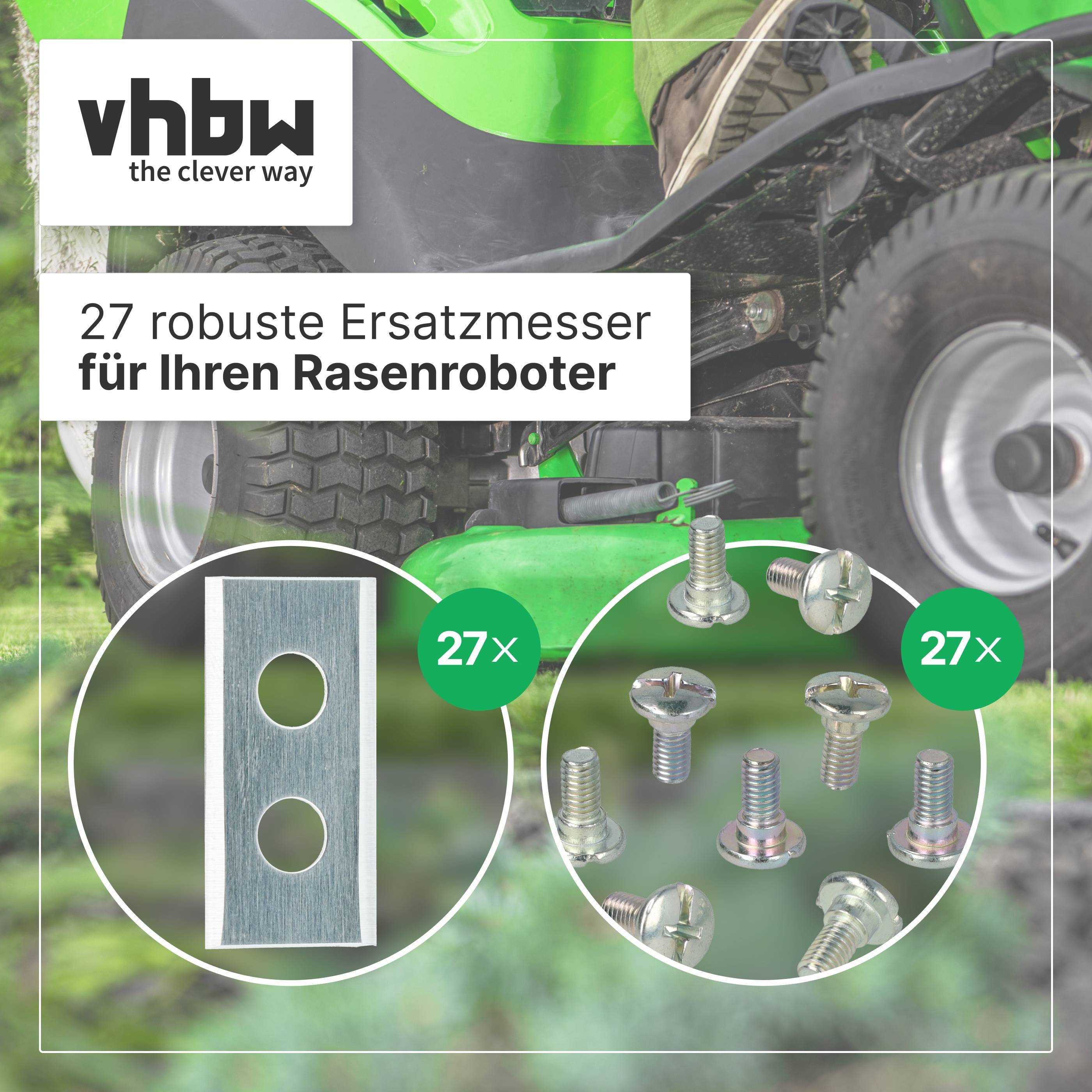 vhbw Angebot für 27 Ersatzklingen für einen Rasenmähroboter, zeigt einen Mäher und Nahaufnahmen einer Klinge und 27 Schrauben
