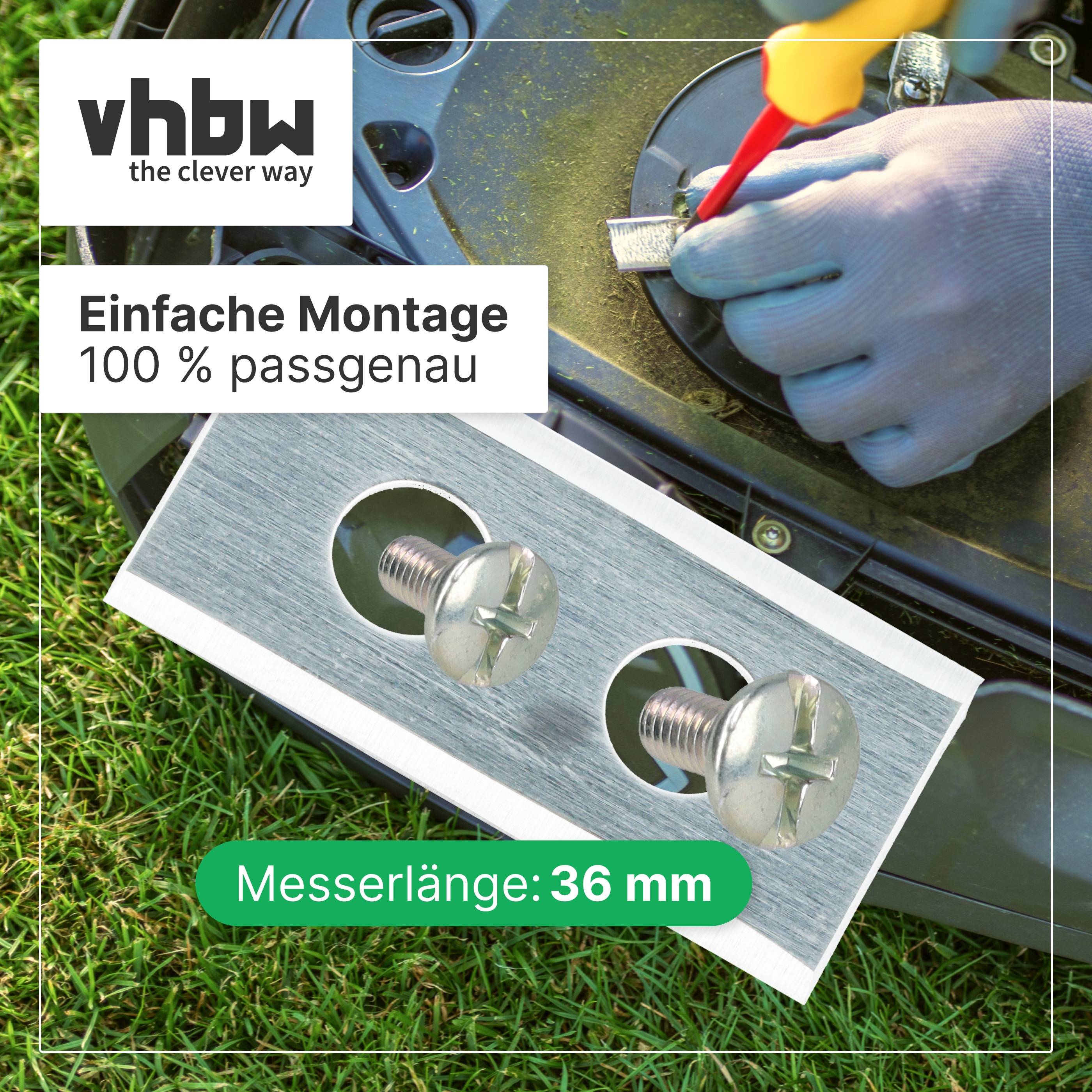 vhbw Produktanzeige mit einer behandschuhten Hand beim Einbau eines Rasenmähermessers; Text lautet „Einfache Montage 100 % passgenau