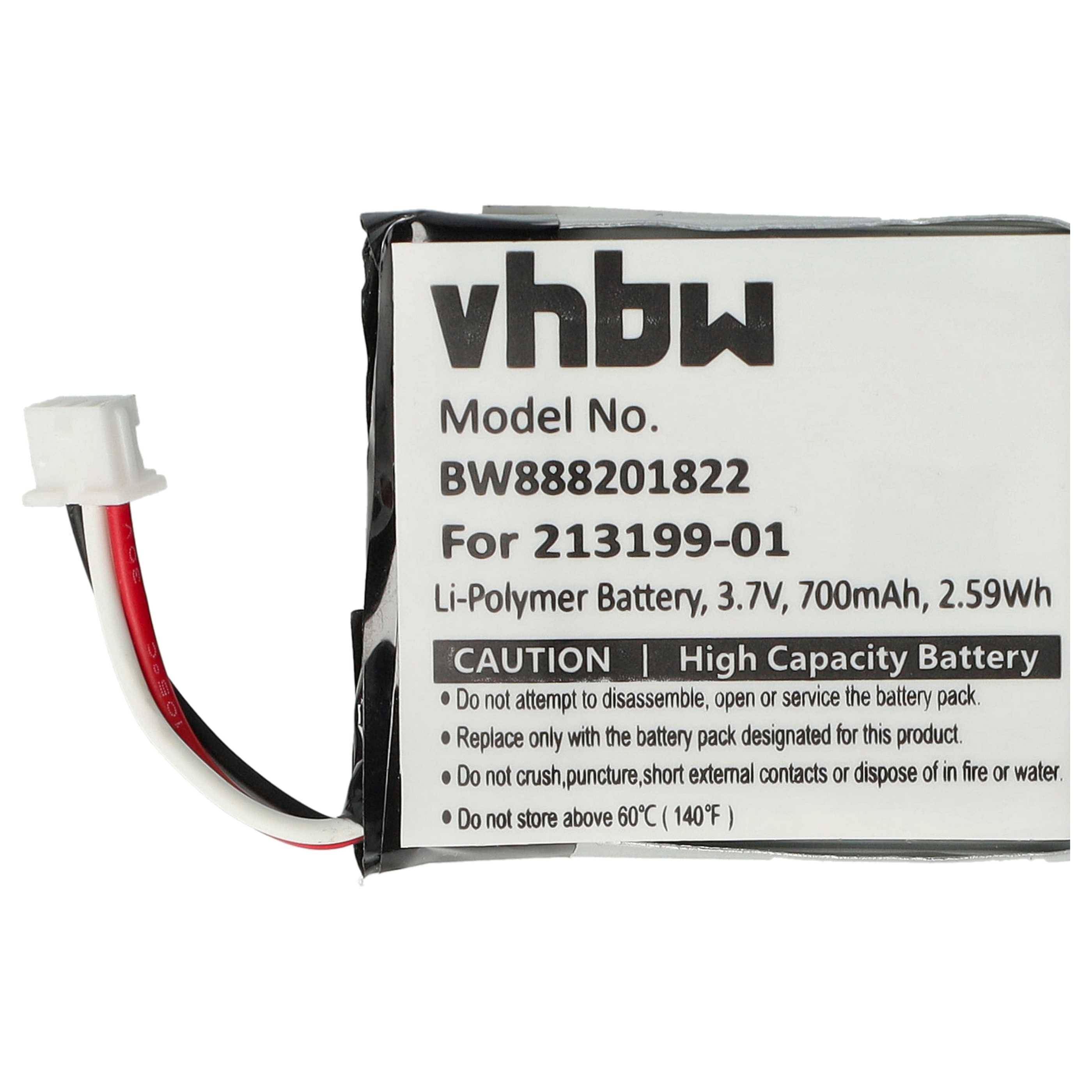 Batterie mit Modellnummer BW888201822, 3,7V, 700mAh, 2,59Wh. Etiketten warnen vor Demontage oder Durchstoßen und geben an, dass sie bei Temperaturen über 60°C betrieben wird.