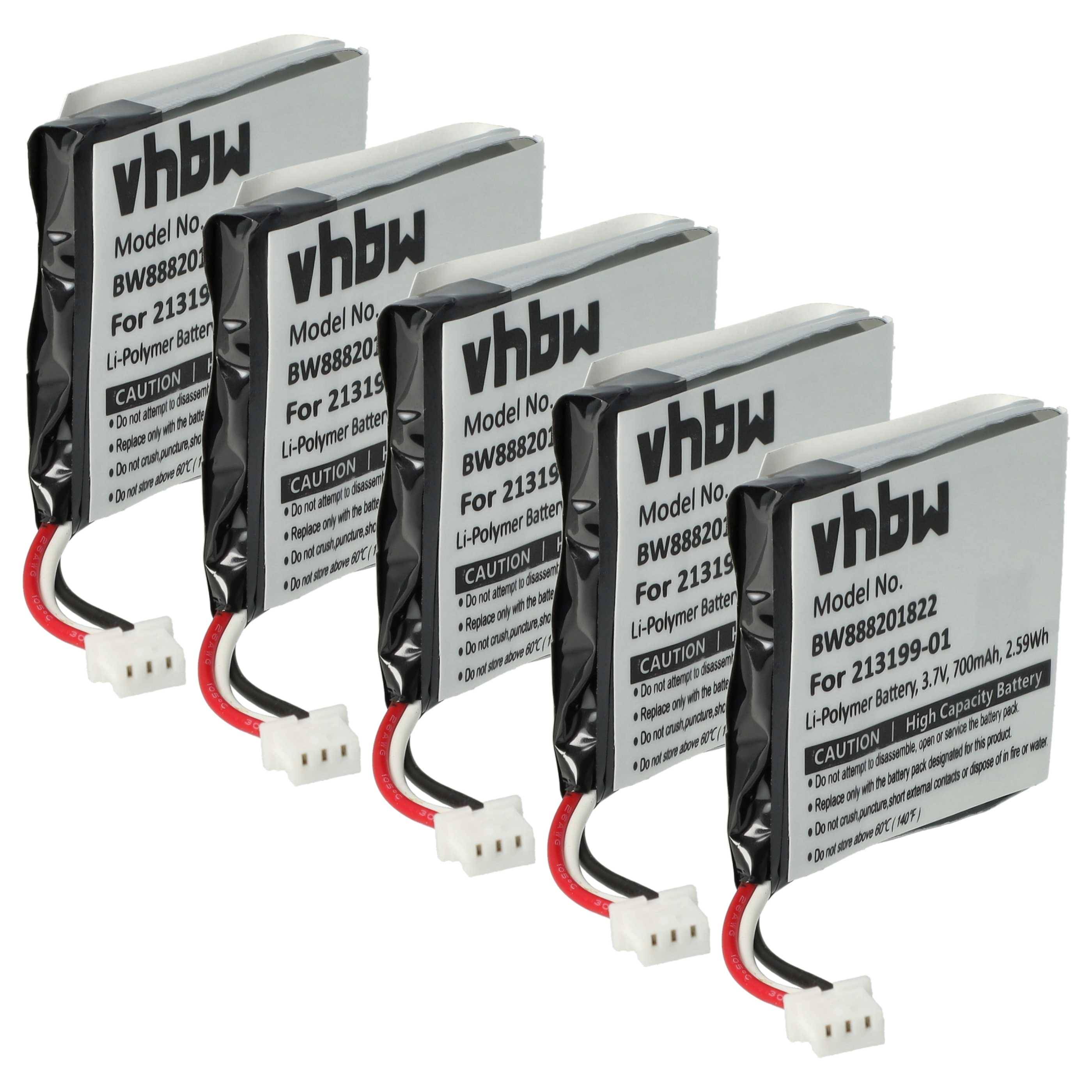 vhbw 5x Akku Ersatz für Plantronics 208769-02, 208769-01, 213199-01 für Wireless Headset Kopfhörer (650 mAh, 3,7 V, Li-Polymer)