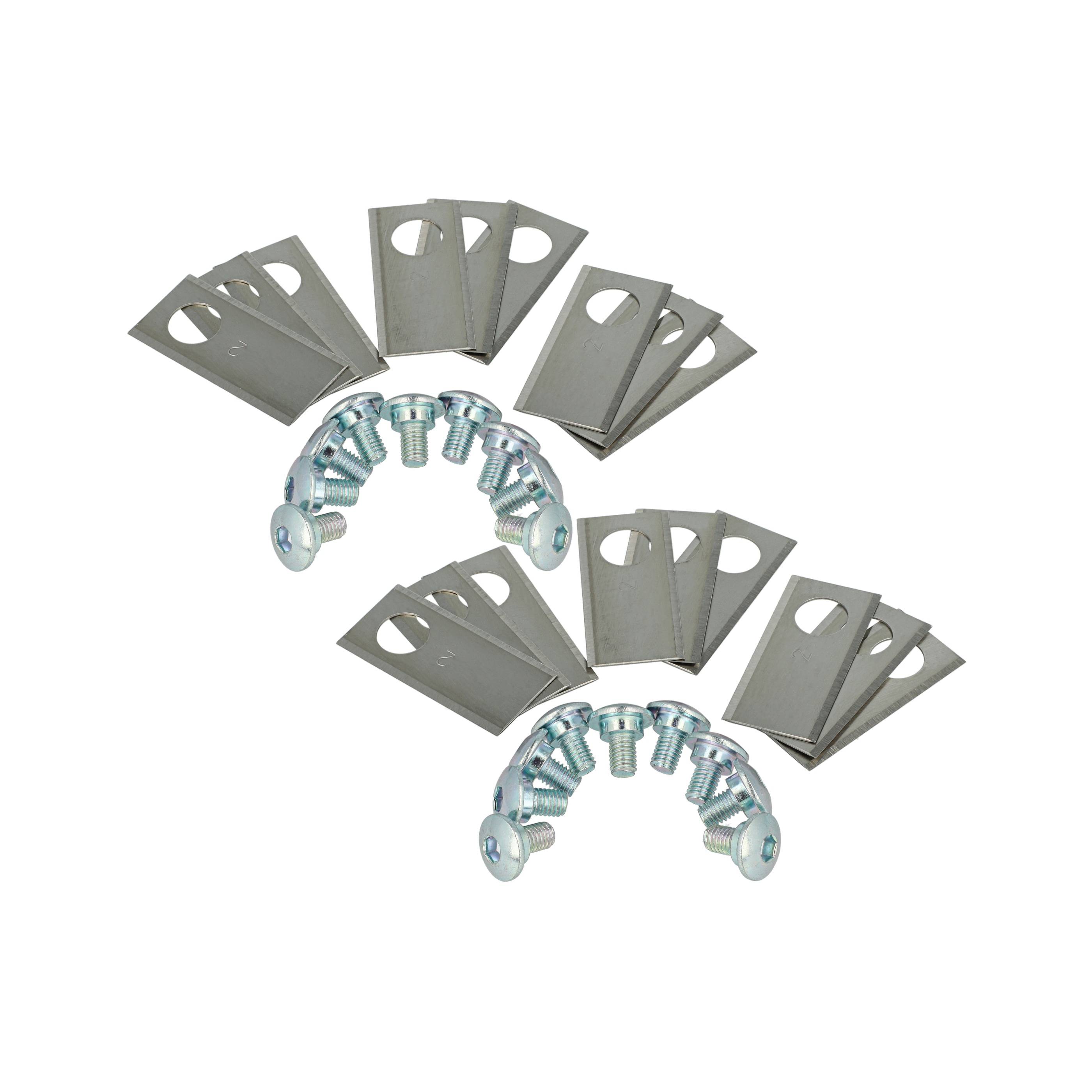 Zwei Sätze aus Metallplättchen und Schrauben, die in gekrümmten Gruppen auf weißem Hintergrund angeordnet sind und ein Hardware-Befestigungsset zeigen.