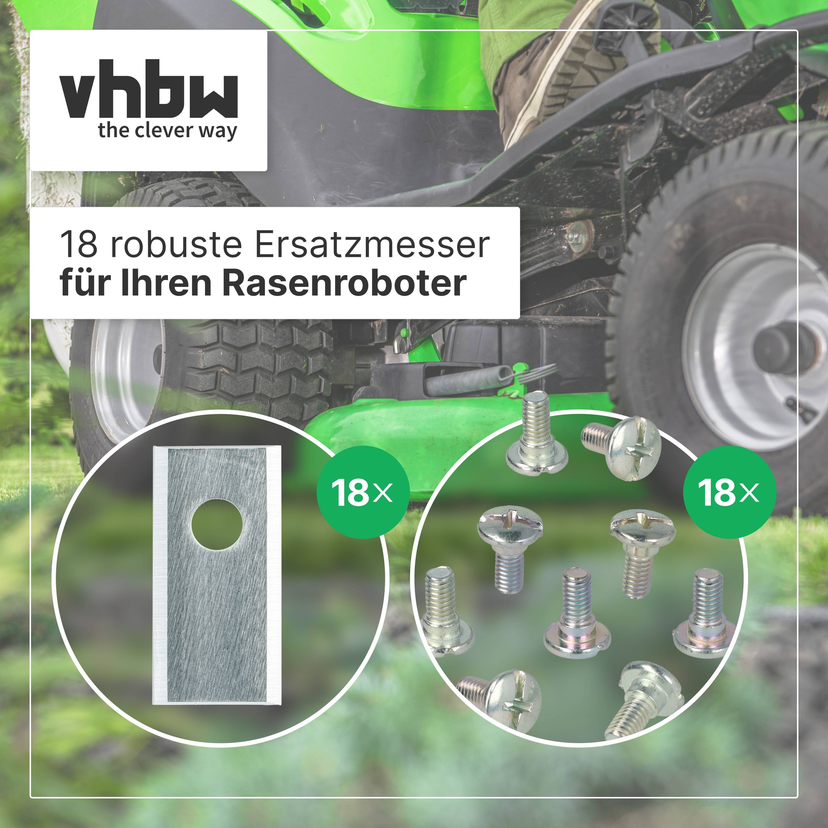 Anzeige für vbhw Rasenmähermesser: '18 robuste Ersatzmesser für Ihren Rasenroboter', zeigt ein Messer und 18 Schrauben über einem Rasenmähroboter.