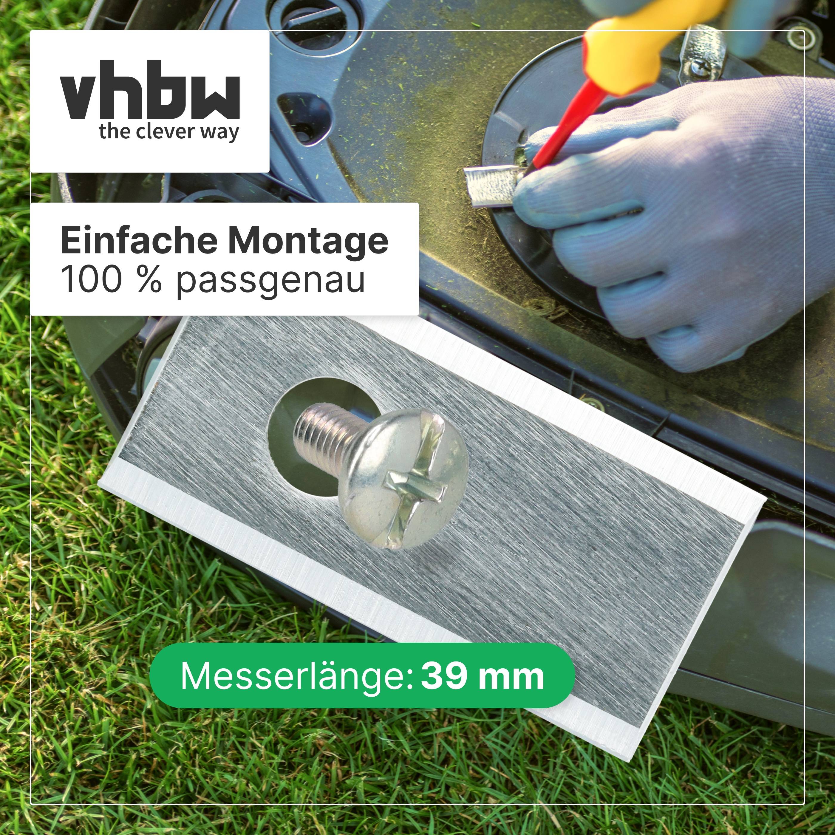 vhbw Rasenmähermesser wird mit einem Schraubendreher montiert; Text sagt „Einfache Montage