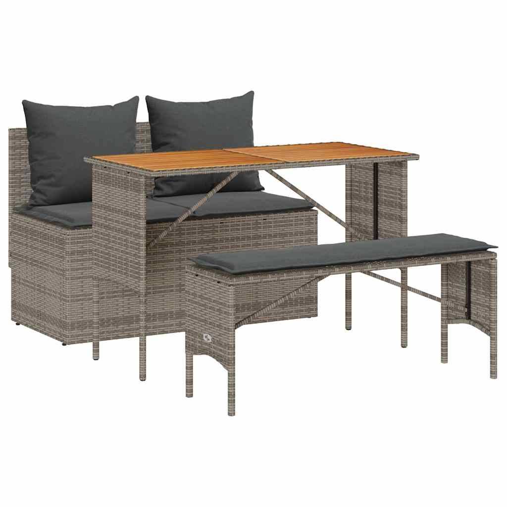 vidaXL 3-tlg. Garten-Essgruppe mit Kissen Grau Poly Rattan