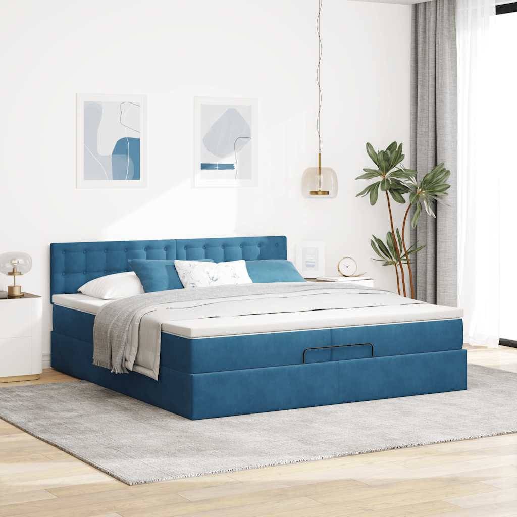 vidaXL Ottoman-Bett mit Matratzen &amp; LED Dunkelblau 200x200 cm Samt