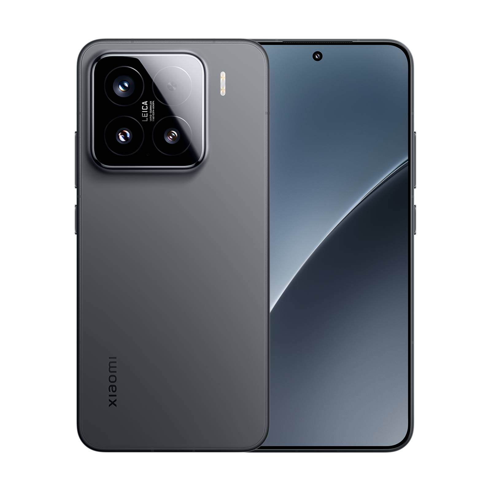 Graues Xiaomi-Smartphone von vorne und hinten gezeigt, das das dreifache hintere Kameramodul und das zentrierte Loch-Display hervorhebt.