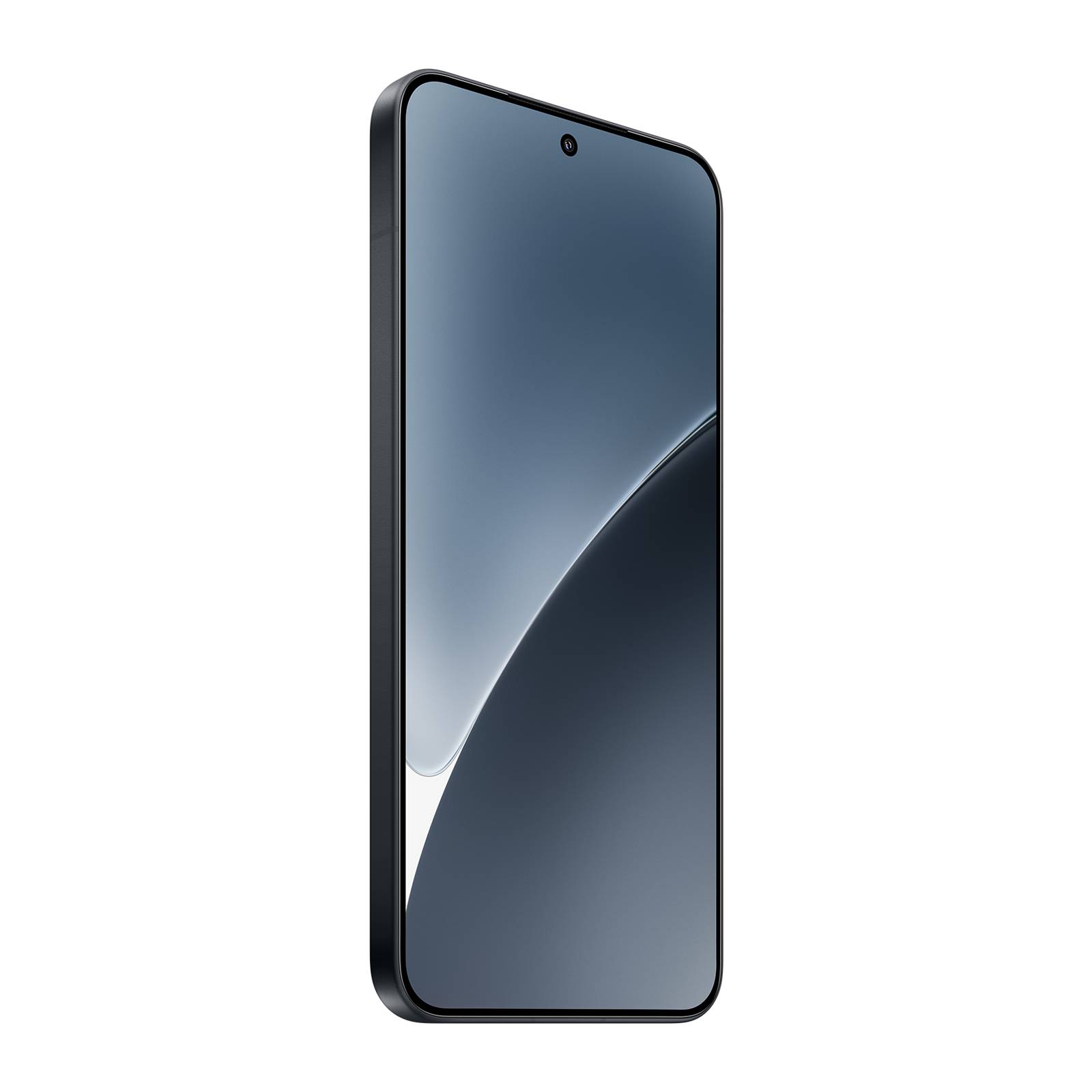 Ein schwarzes Smartphone, frontal dargestellt, mit einer zentrierten Loch-Kamera und abstraktem grau-blauem Hintergrund auf schwarzem Untergrund.