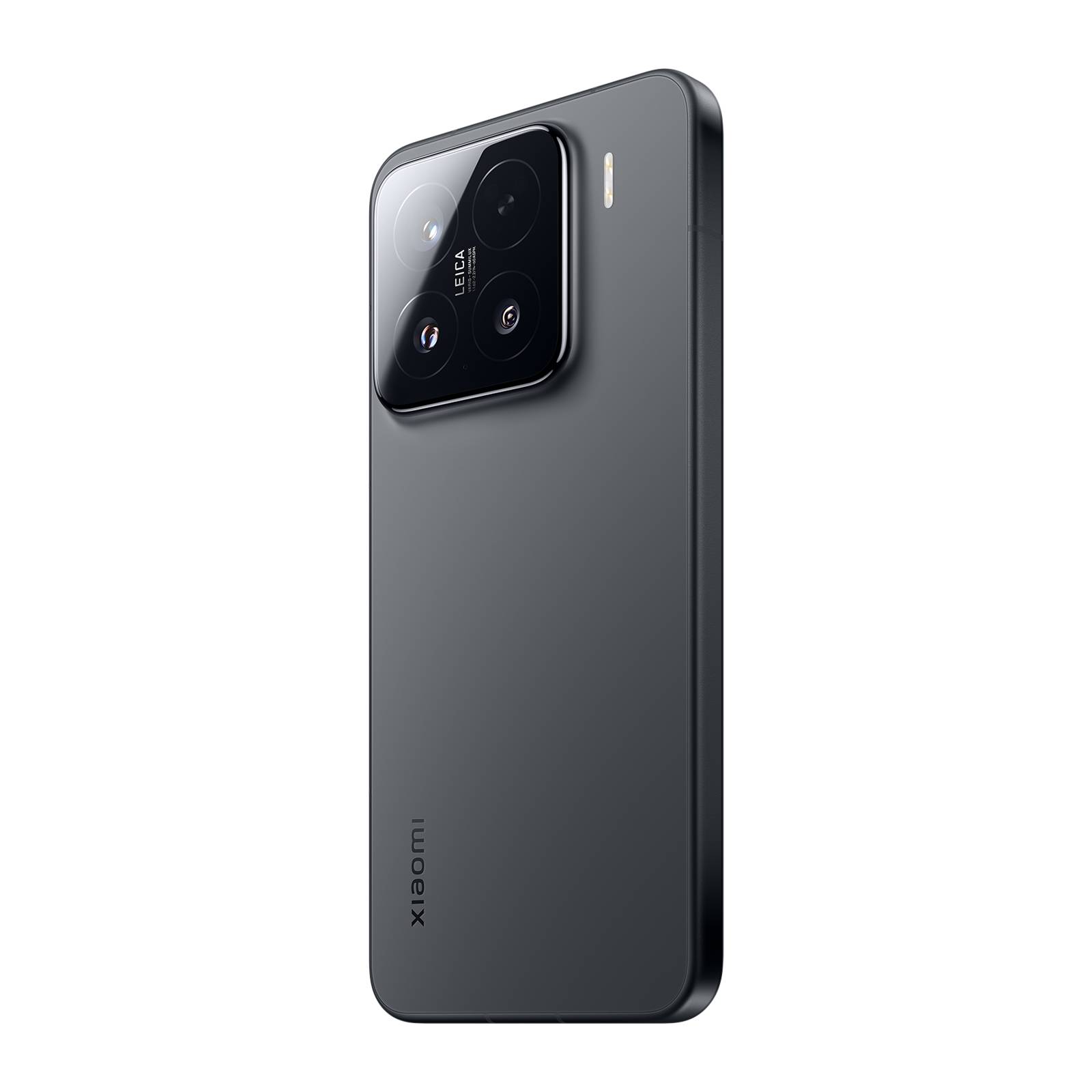 Rückansicht eines grauen Xiaomi-Smartphones mit einem großen quadratischen Triple-Kamera-Modul und Blitz auf einfachem schwarzem Hintergrund.
