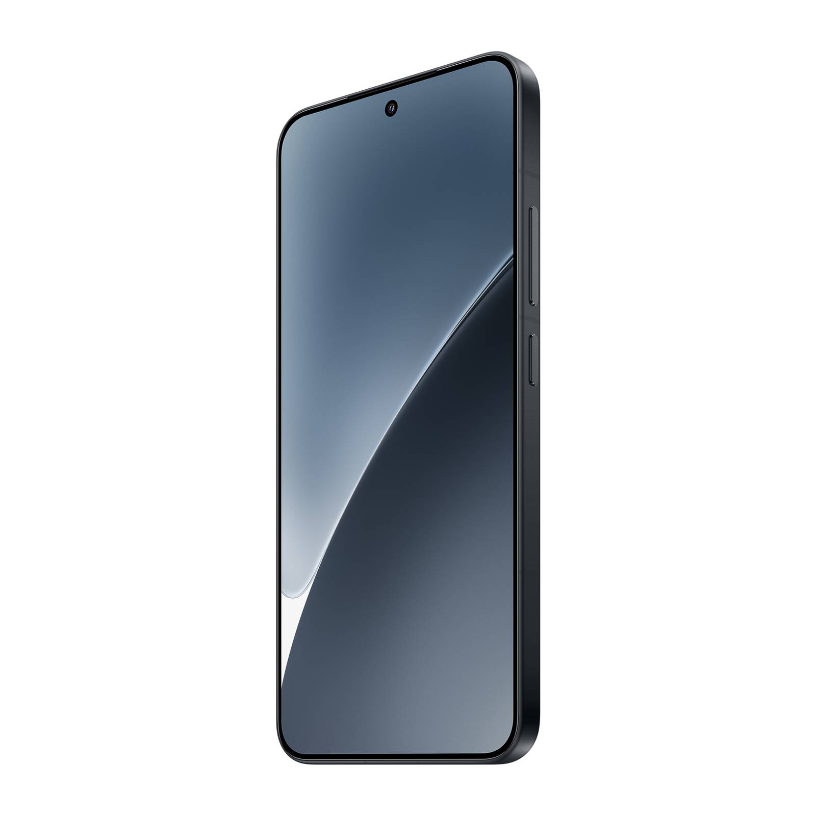 Ein schwarzes Smartphone, frontal gezeigt, mit einer zentrierten Punch-Hole-Kamera und reflektierendem blaugrauem Bildschirm auf schwarzem Hintergrund.