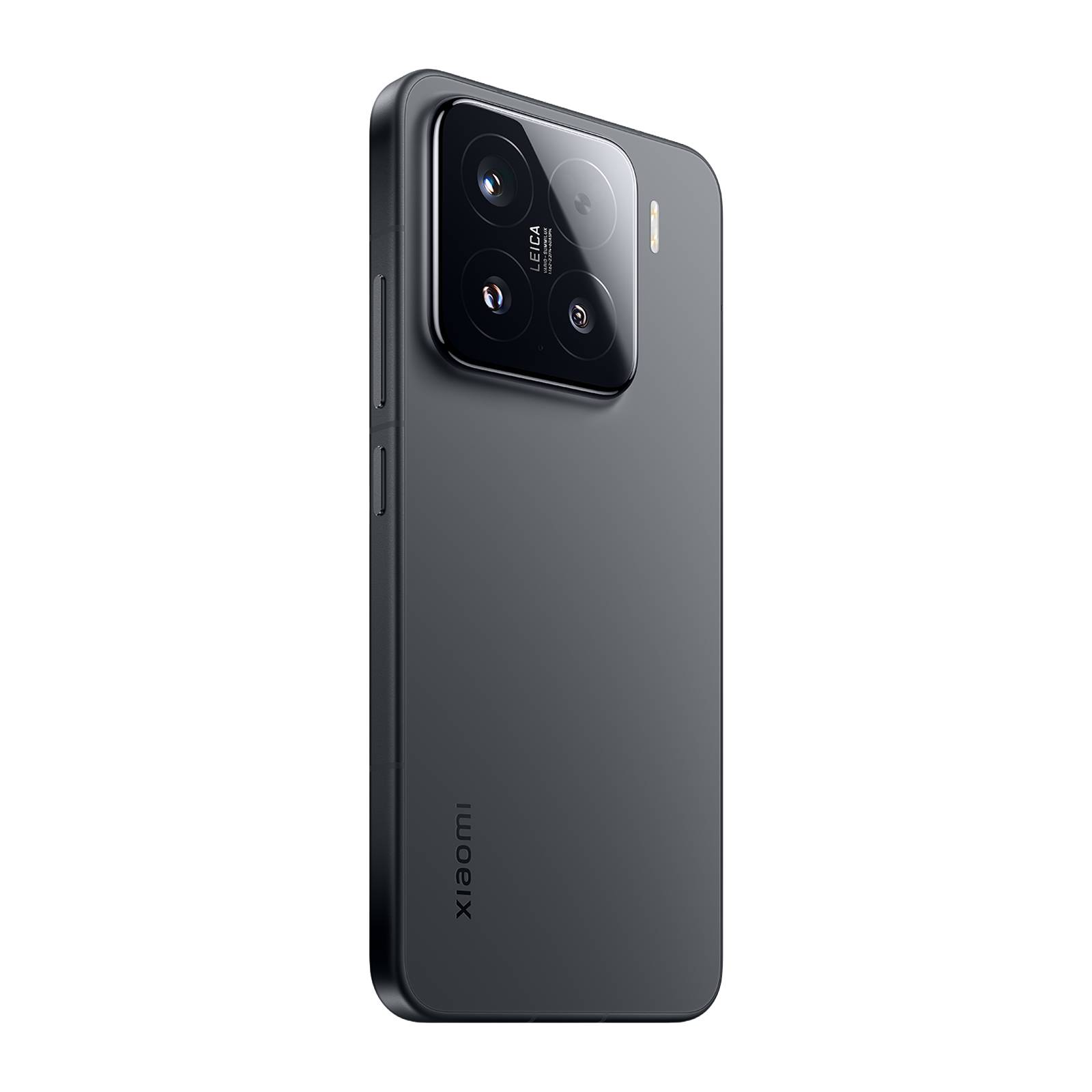 Rückansicht eines grauen Xiaomi-Smartphones mit einem großen quadratischen Dreifach-Kameramodul auf schwarzem Hintergrund.