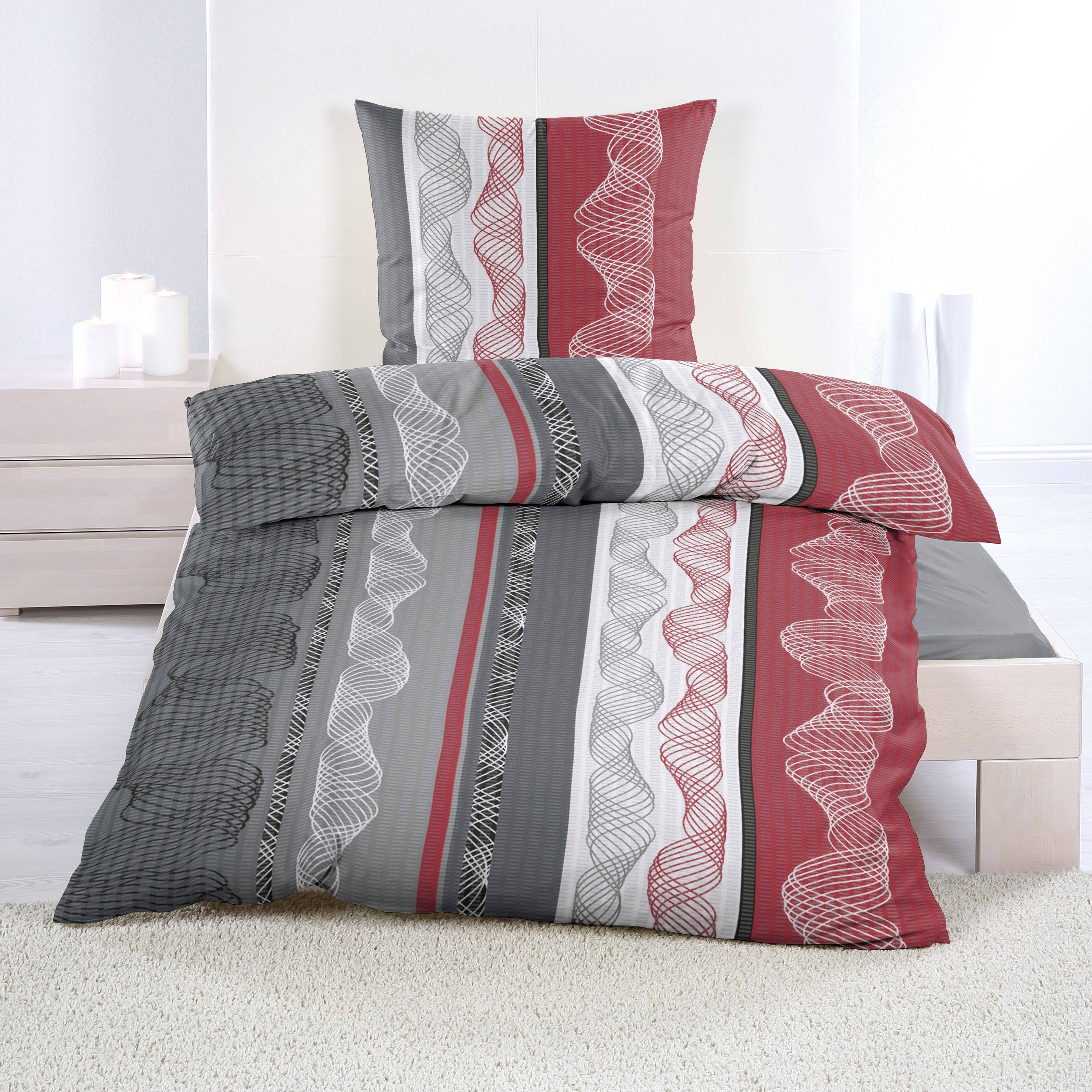 Microfaser Seersucker Bettwäsche 135x200cm mit 80x80cm mit Reißverschluss Wirbel Grau Weiß Rot