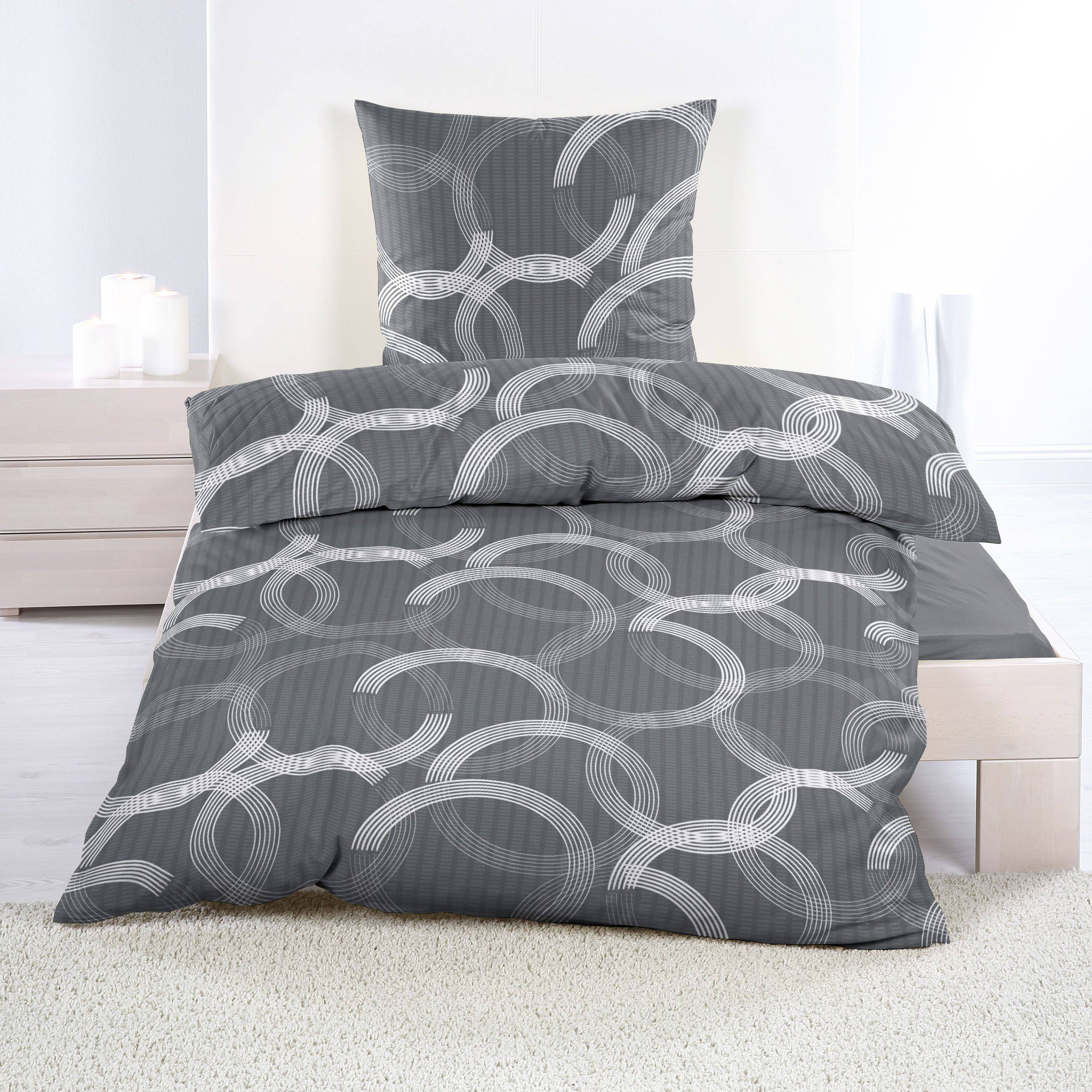 Microfaser Seersucker Bettwäsche 135x200cm mit 80x80cm Kreise Anthrazit Weiß