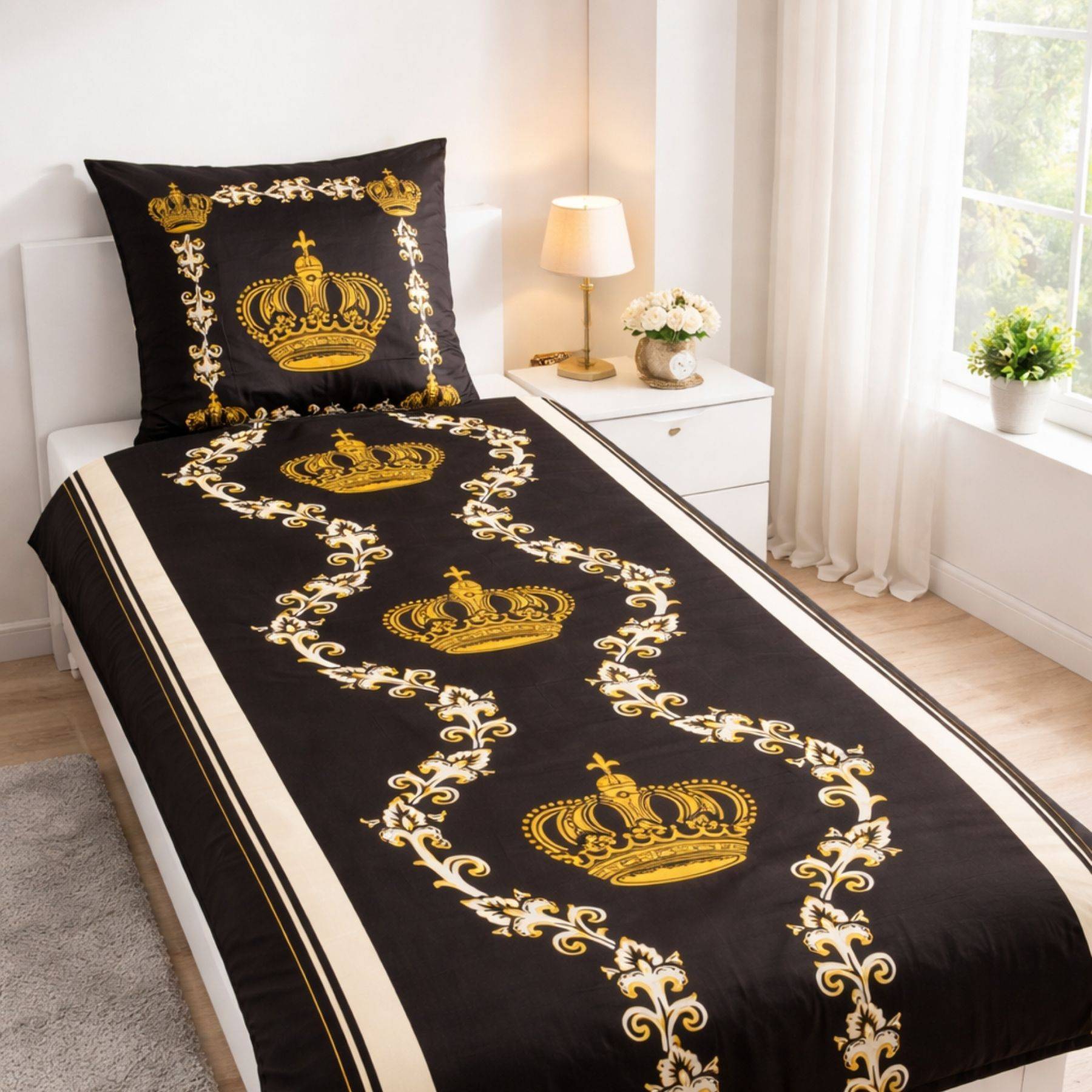 Microfaser Bettwäsche Set 2-tlg 135x200 + 80x80cm Kissen Dessin Krone gold