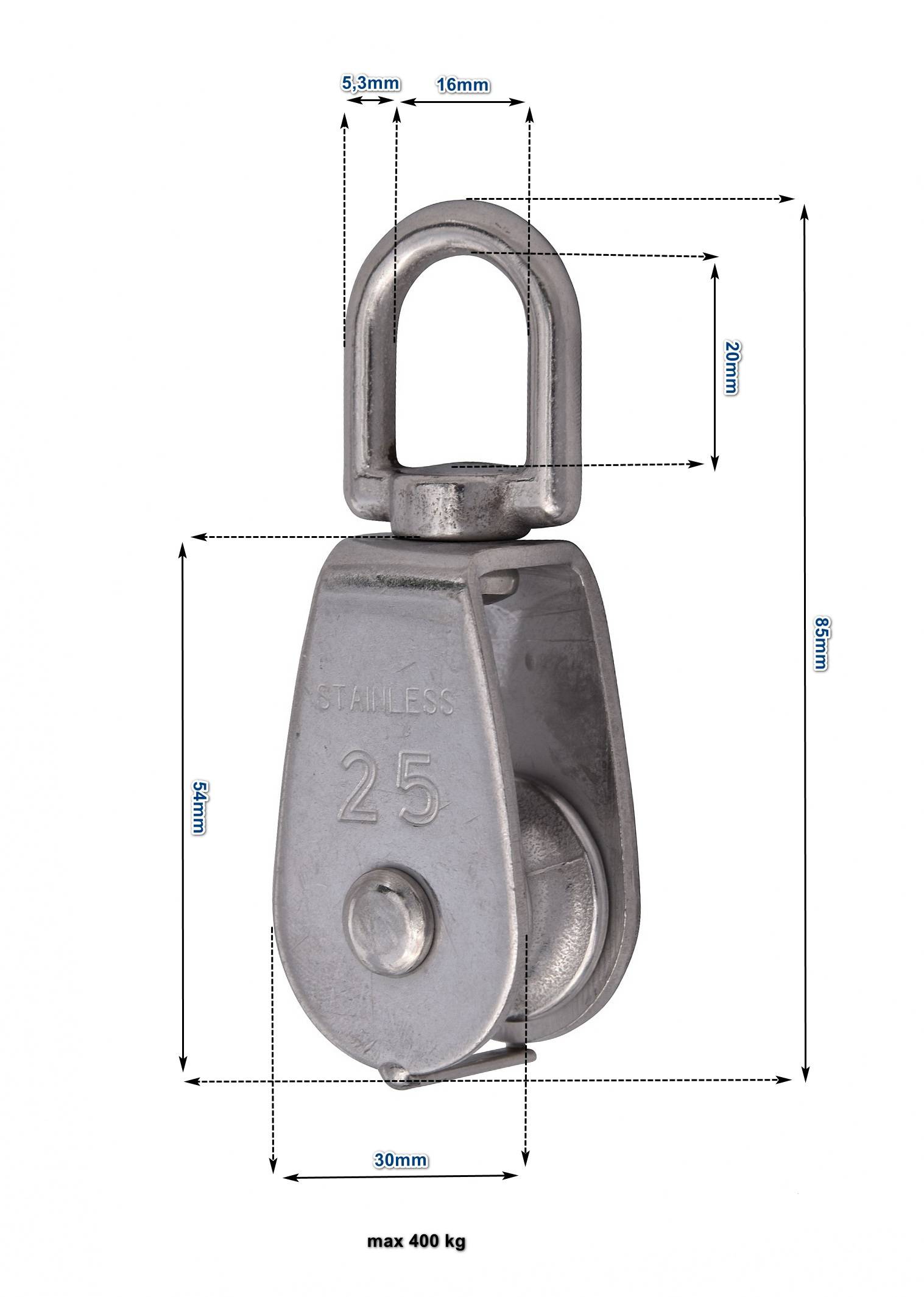 Umlenkrolle Blockseilrolle Seilzug Flaschenzug Edelstahl 25mm V4A 400kg
