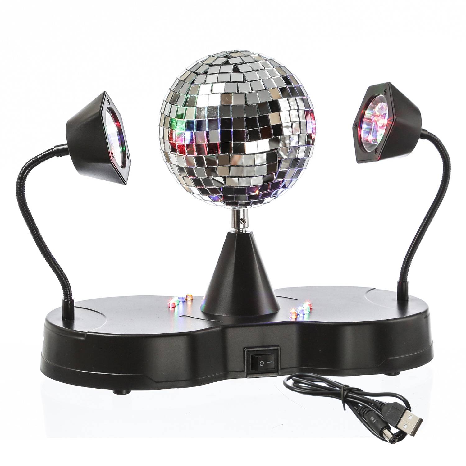 Spiegelkugel mit 2 LED Schwanenhals Spots Party Disco Effekt USB/Batterie