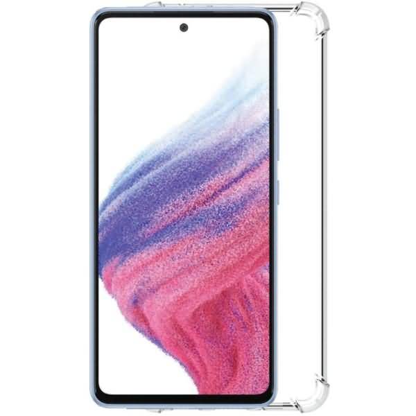 Smartphone frontal dargestellt in einer transparenten Schutzhülle, mit einem bunten abstrakten Hintergrundbild auf dem Bildschirm.