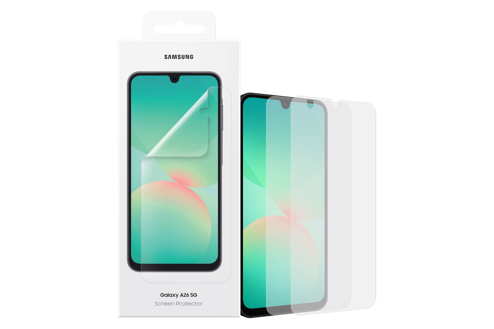 Samsung Galaxy A26 5G Displayschutzfolie-Verpackung neben drei transparenten Schutzfolien und einer Telefonanzeigeillustration auf schwarzem Hintergrund.