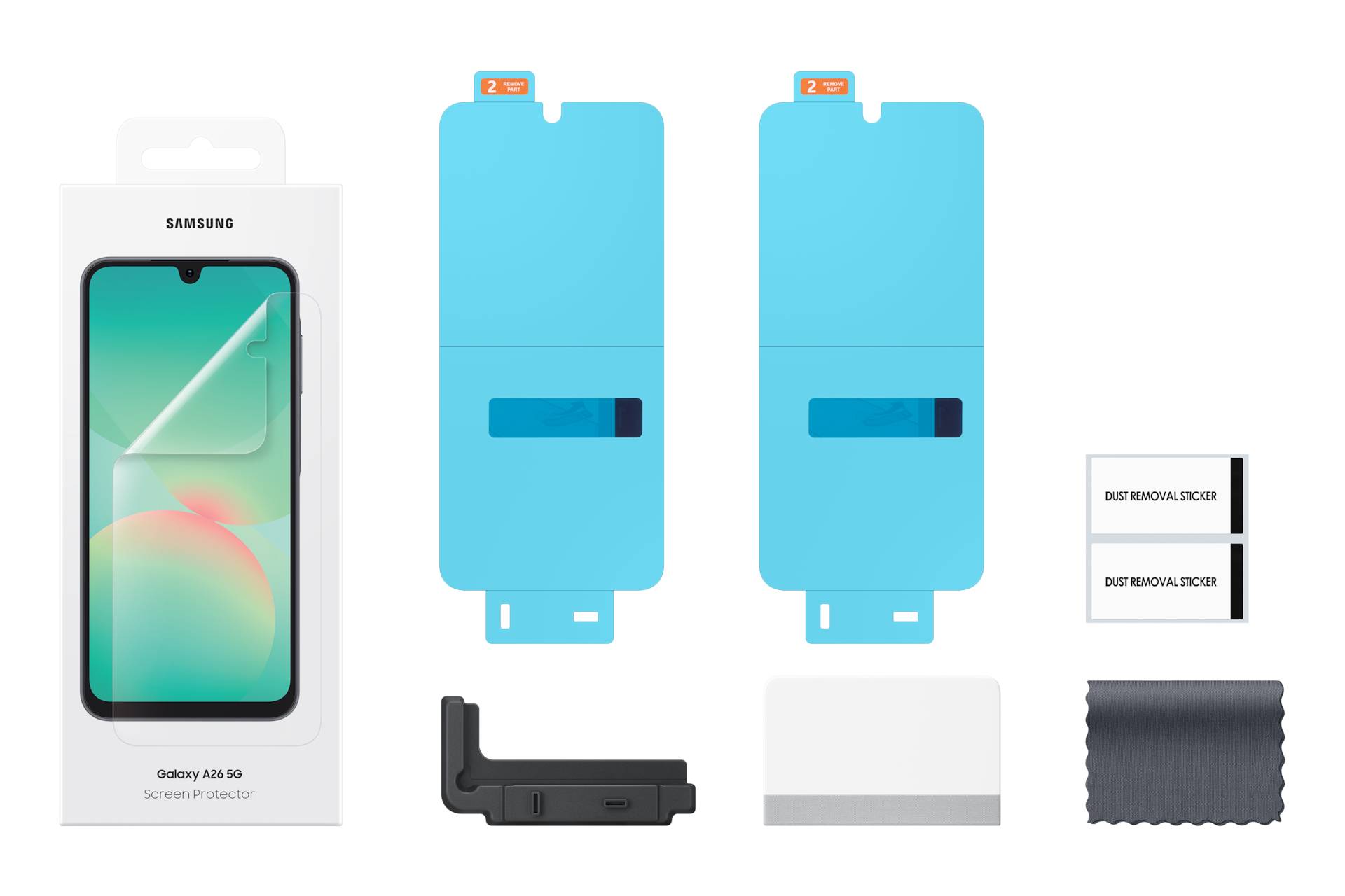 Samsung Galaxy A50 Displayschutzfolien-Set mit zwei blauen Applikationswannen, Schutzfolie, Staubauffangaufkleber, Rakel und Tuch auf schwarzem Hintergrund